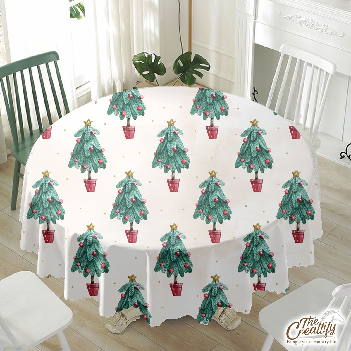 Watercolor Gold Christmas Tree Star Topper Seamless Pattern Waterproof Tablecloth