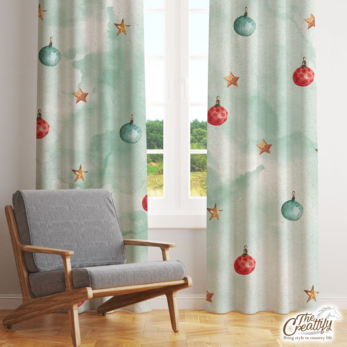 Watercolor Christmas Balls And Stars Pattern Window Curtain