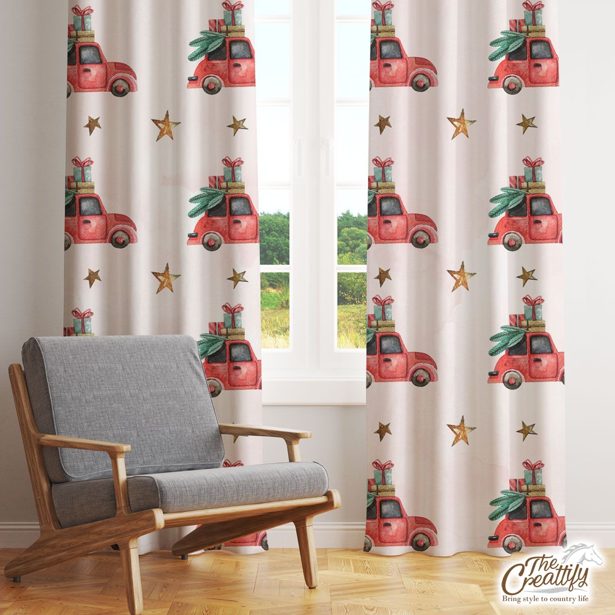 Watercolor Christmas Car With Christmas Gifts Star Pattern Window Curtain