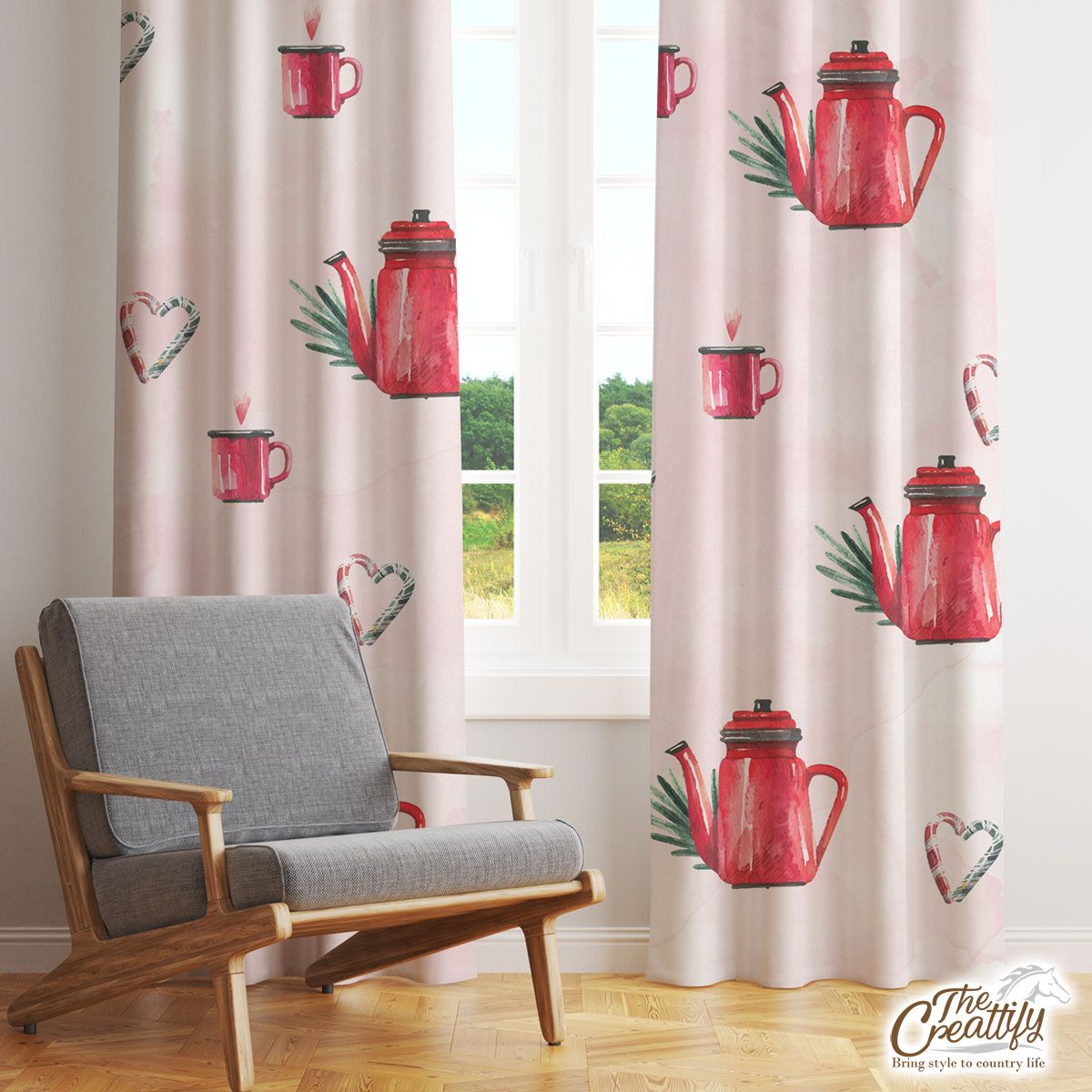 Watercolor Christmas Red Teapots Candy Canes Pattern Window Curtain