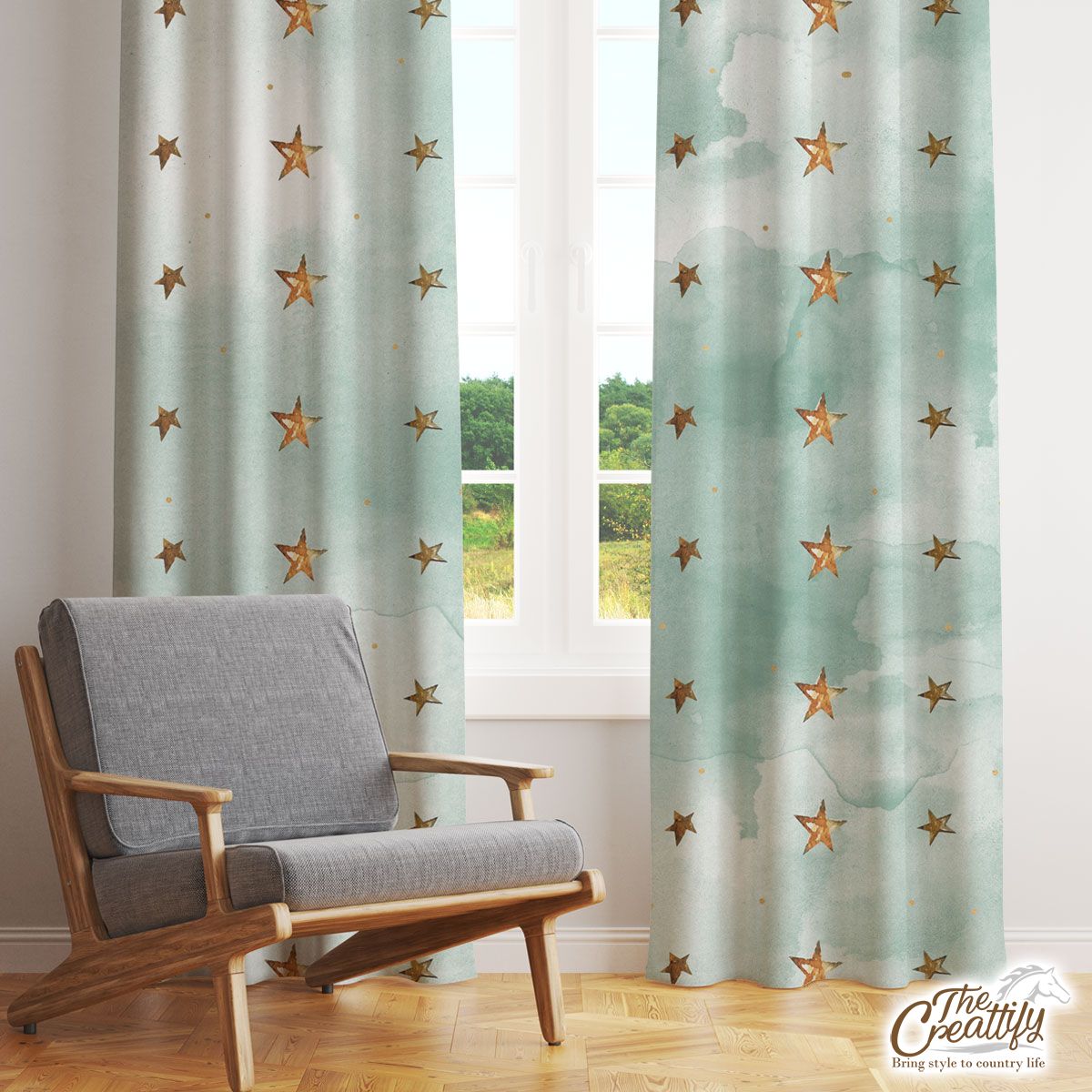 Watercolor Gold Christmas Star Pattern Window Curtain