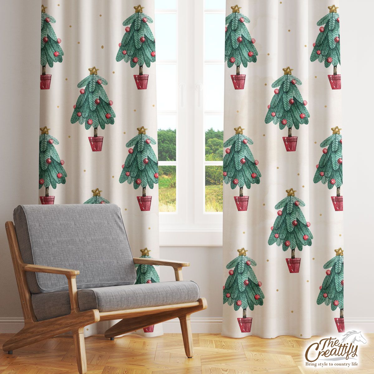 Watercolor Gold Christmas Tree Star Topper Seamless Pattern Window Curtain