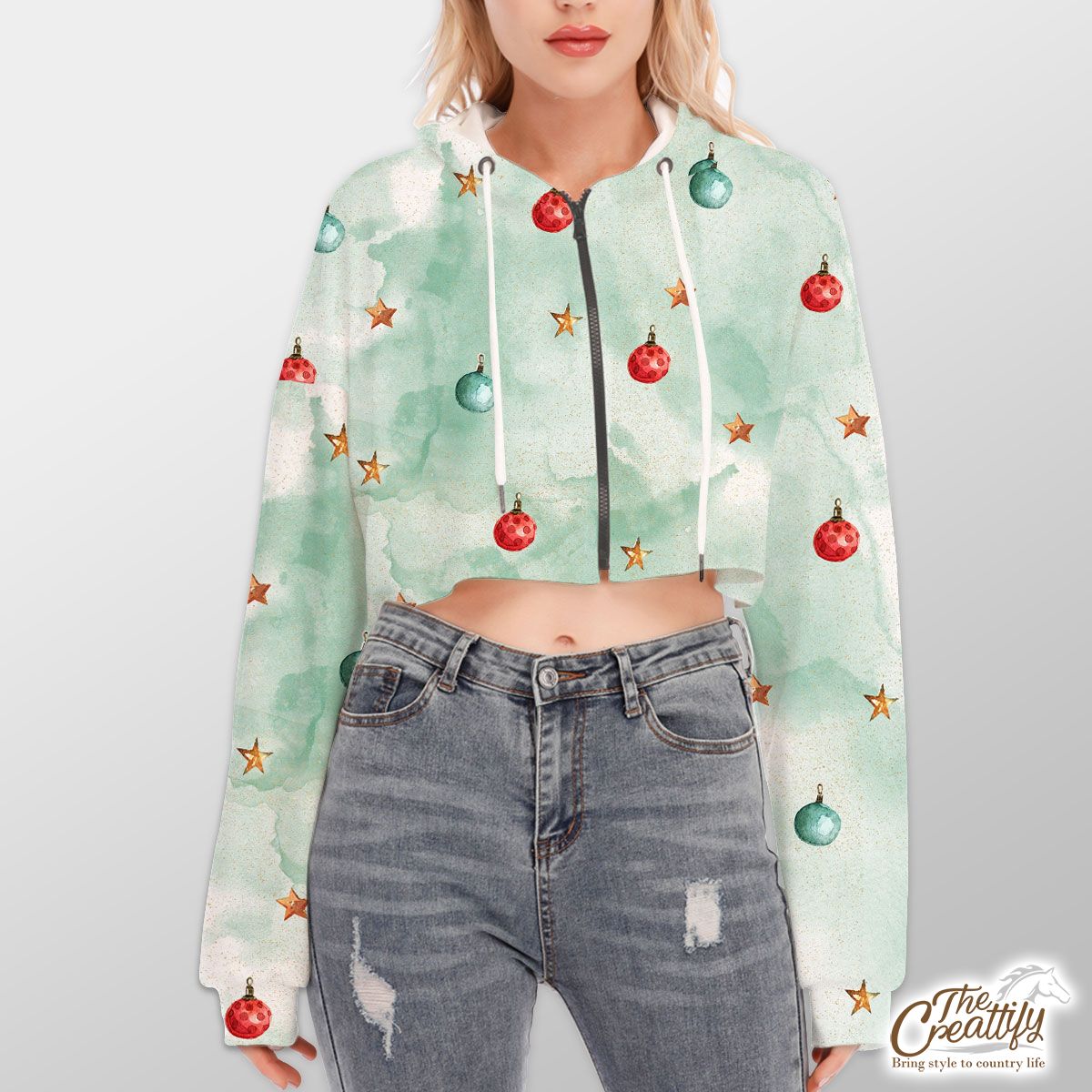 Watercolor Christmas Balls And Stars Pattern Hoodie With Zipper Closure