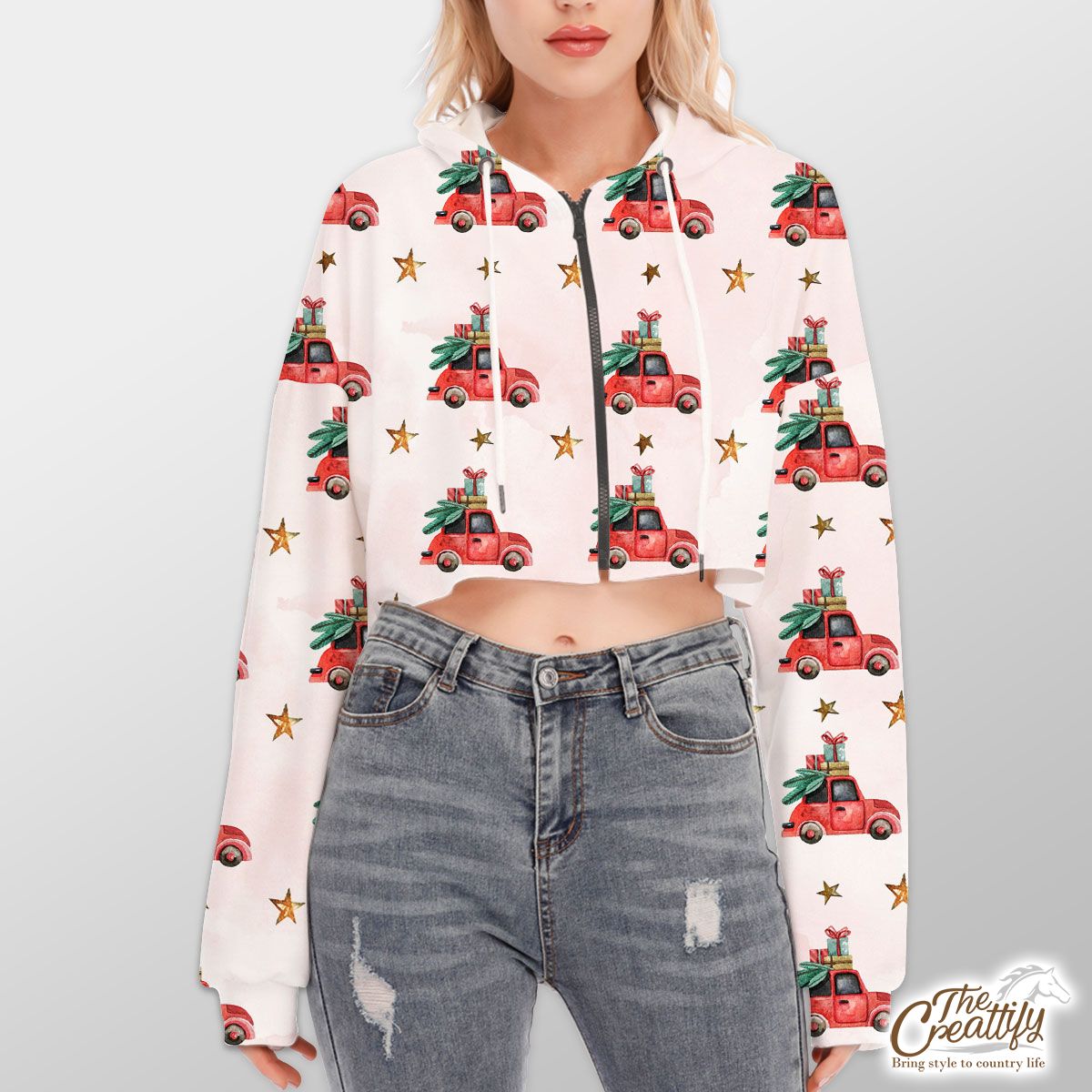 Watercolor Christmas Car With Christmas Gifts Star Pattern Hoodie With Zipper Closure
