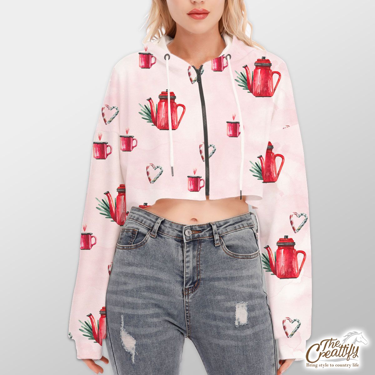 Watercolor Christmas Red Teapots Candy Canes Pattern Hoodie With Zipper Closure
