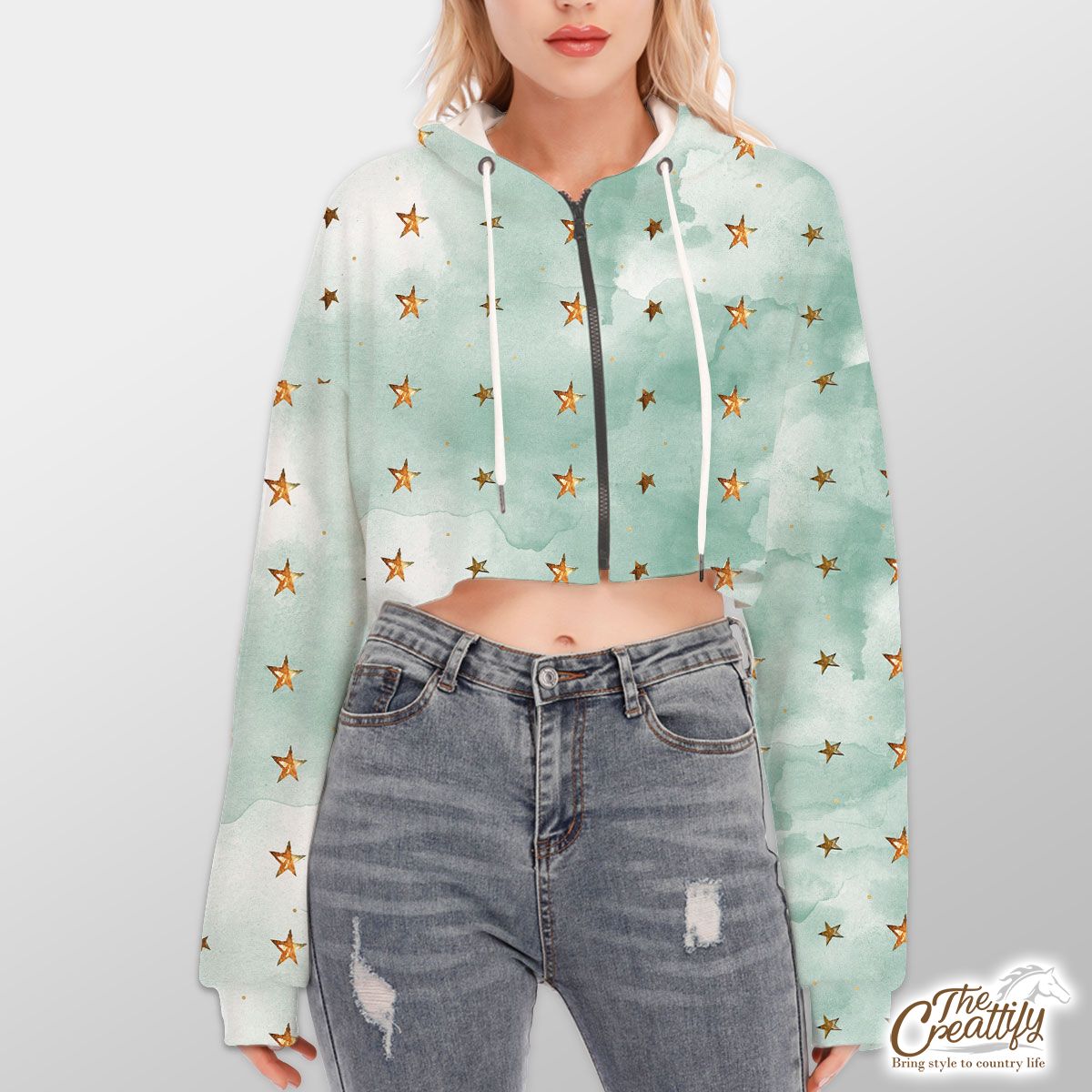 Watercolor Gold Christmas Star Pattern Hoodie With Zipper Closure