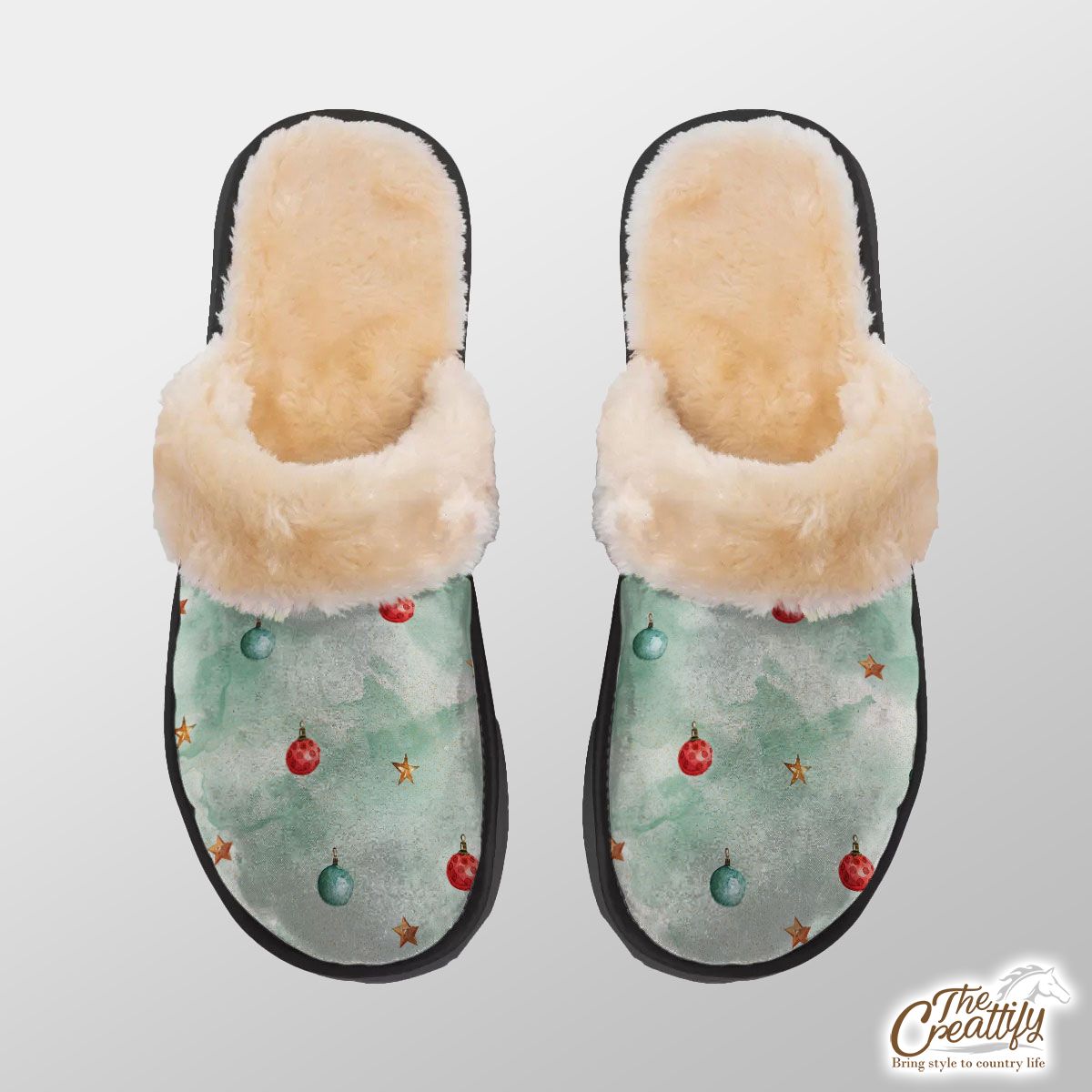 Watercolor Christmas Balls And Stars Pattern Home Plush Slippers