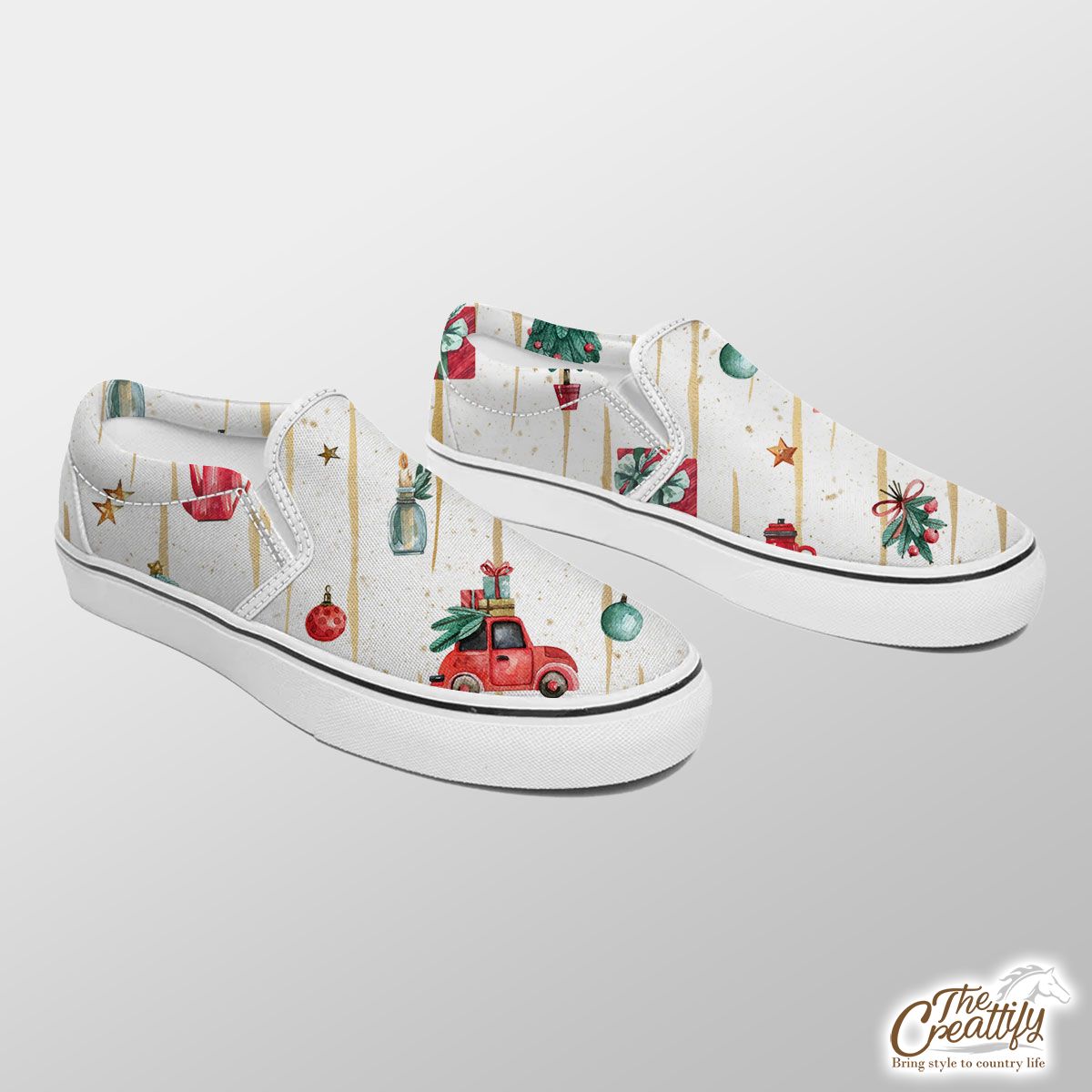 Watercolor Christmas Car With Christmas Gifts, Balls, Wreath And Star Pattern Slip On Sneakers