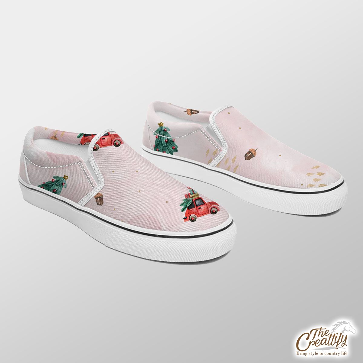 Watercolor Christmas Car With Gifts And Acorns Pink Pattern Slip On Sneakers