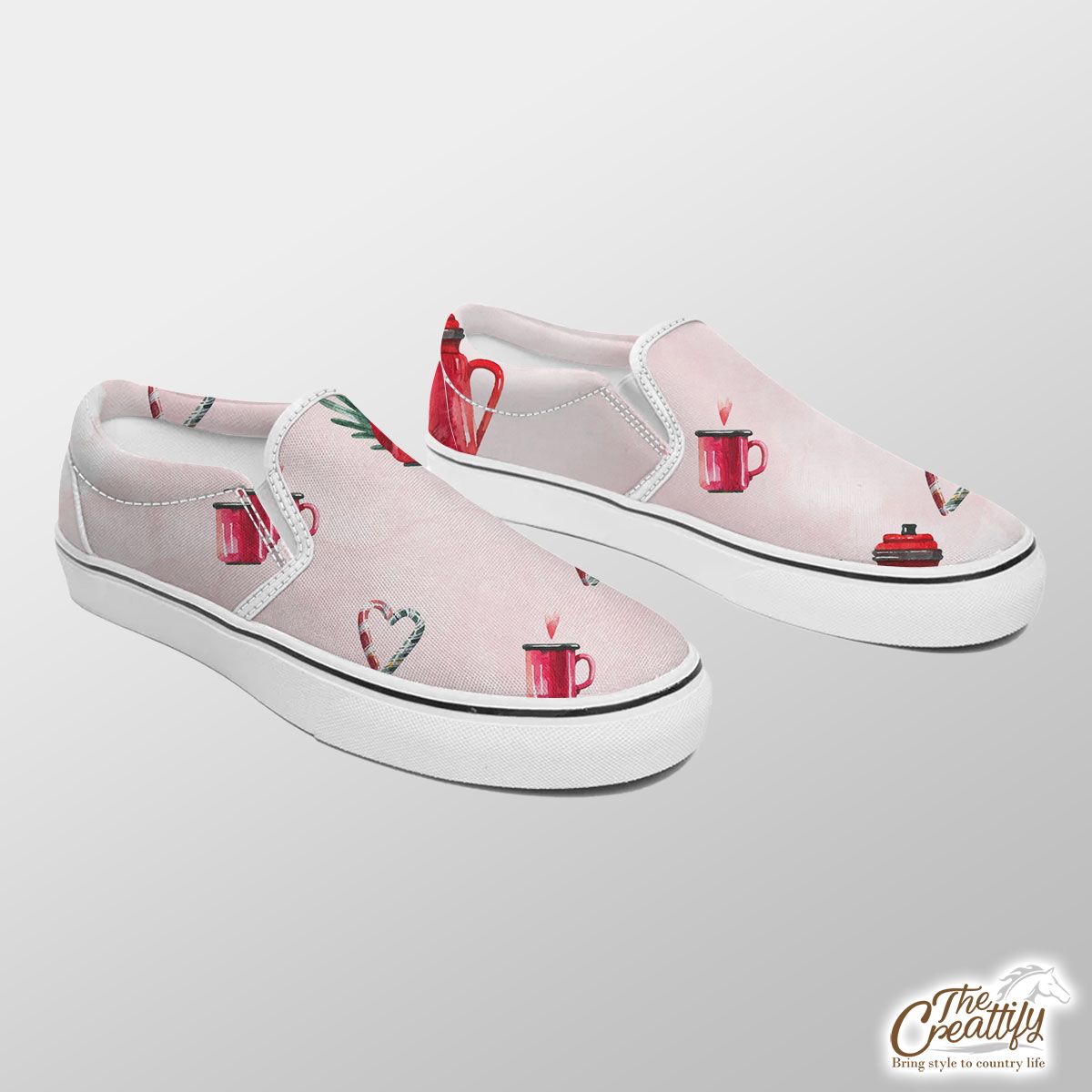Watercolor Christmas Red Teapots Candy Canes Pattern Slip On Sneakers
