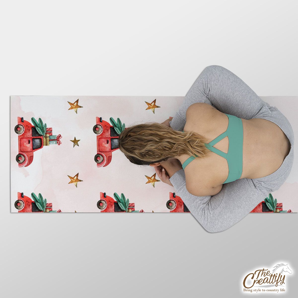 Watercolor Christmas Car With Christmas Gifts Star Pattern Yoga Mat