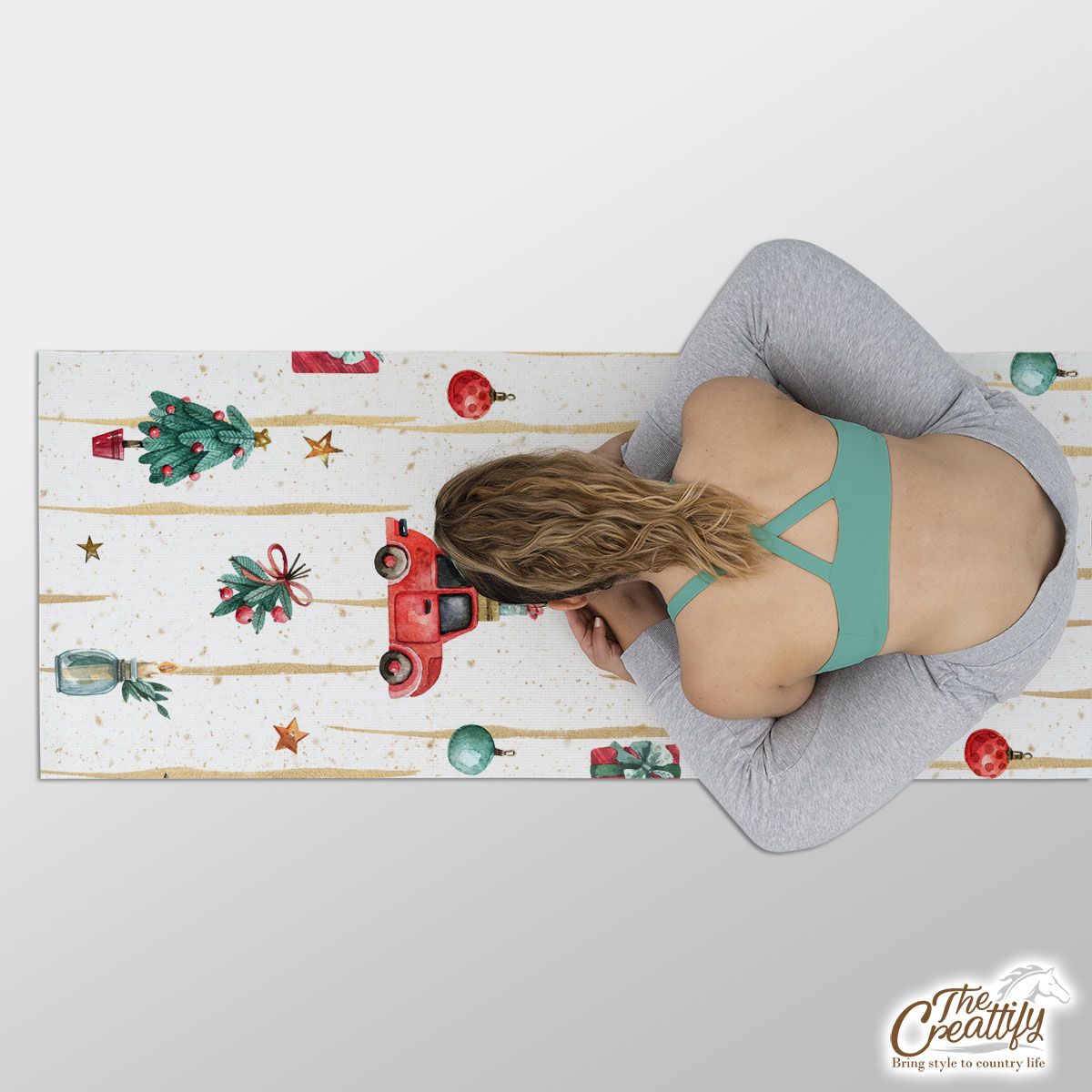 Watercolor Christmas Car With Christmas Gifts, Balls, Wreath And Star Pattern Yoga Mat