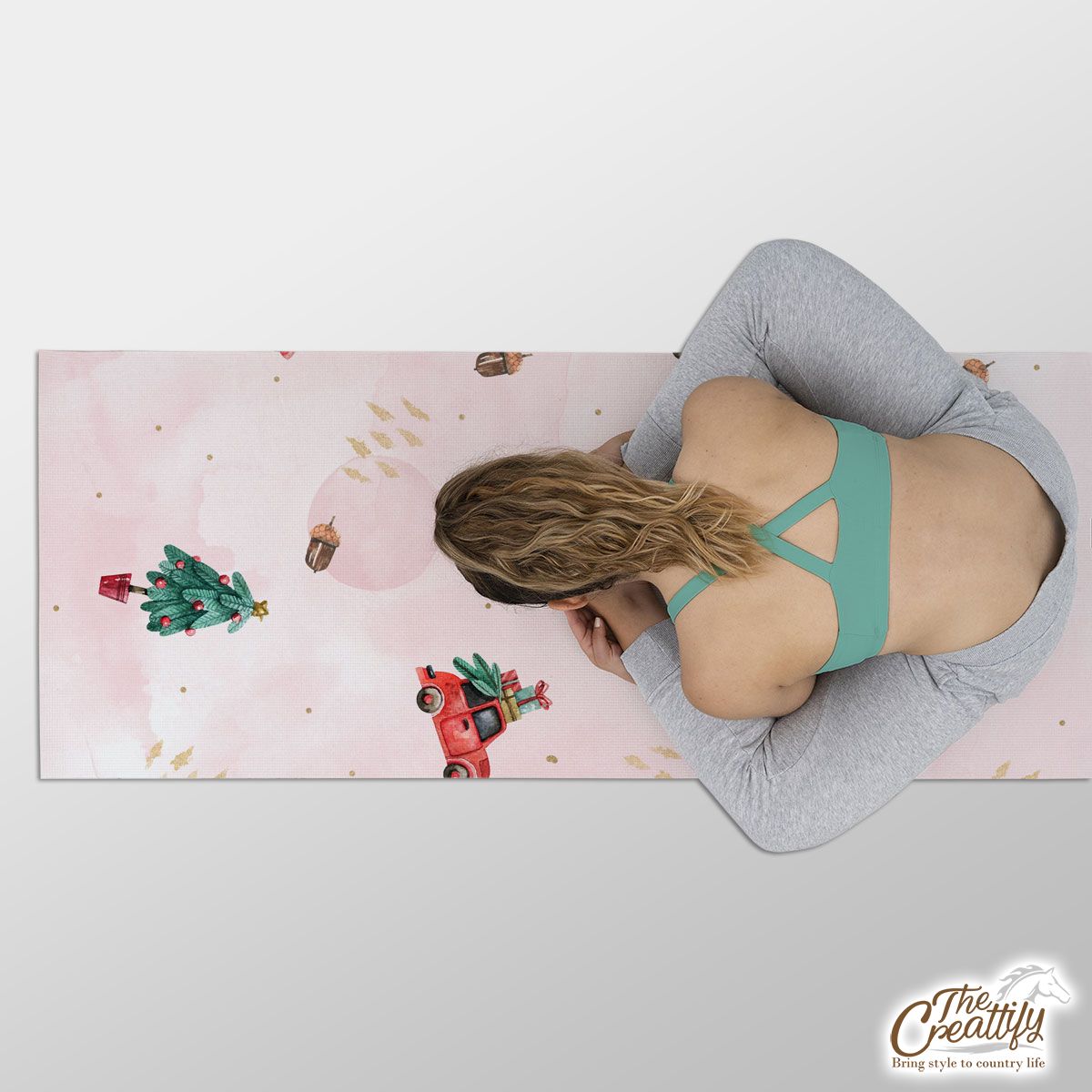 Watercolor Christmas Car With Gifts And Acorns Pink Pattern Yoga Mat