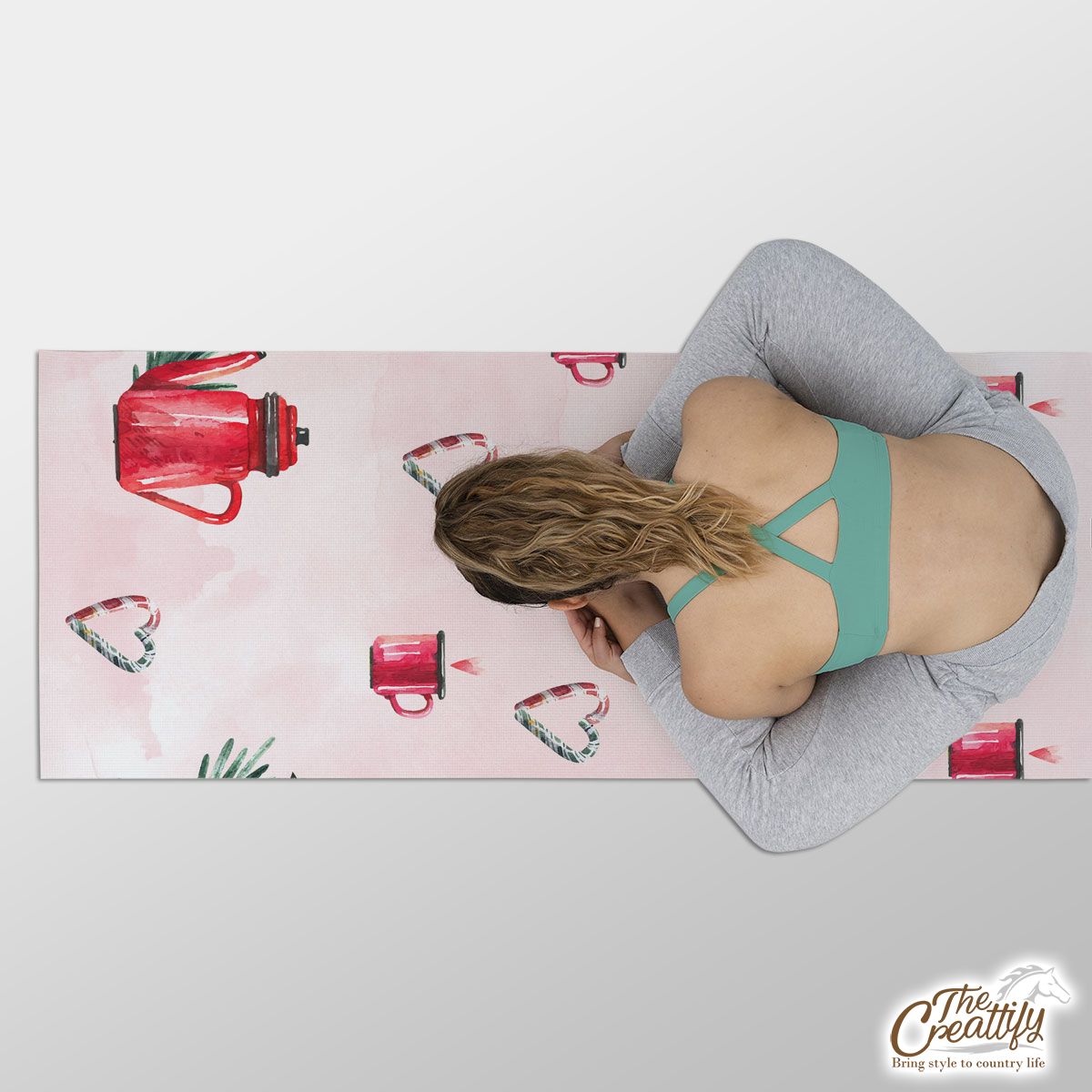 Watercolor Christmas Red Teapots Candy Canes Pattern Yoga Mat