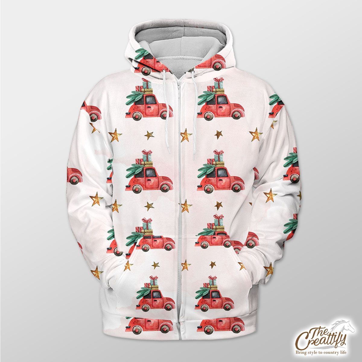 Watercolor Christmas Car With Christmas Gifts Star Pattern Zip Hoodie