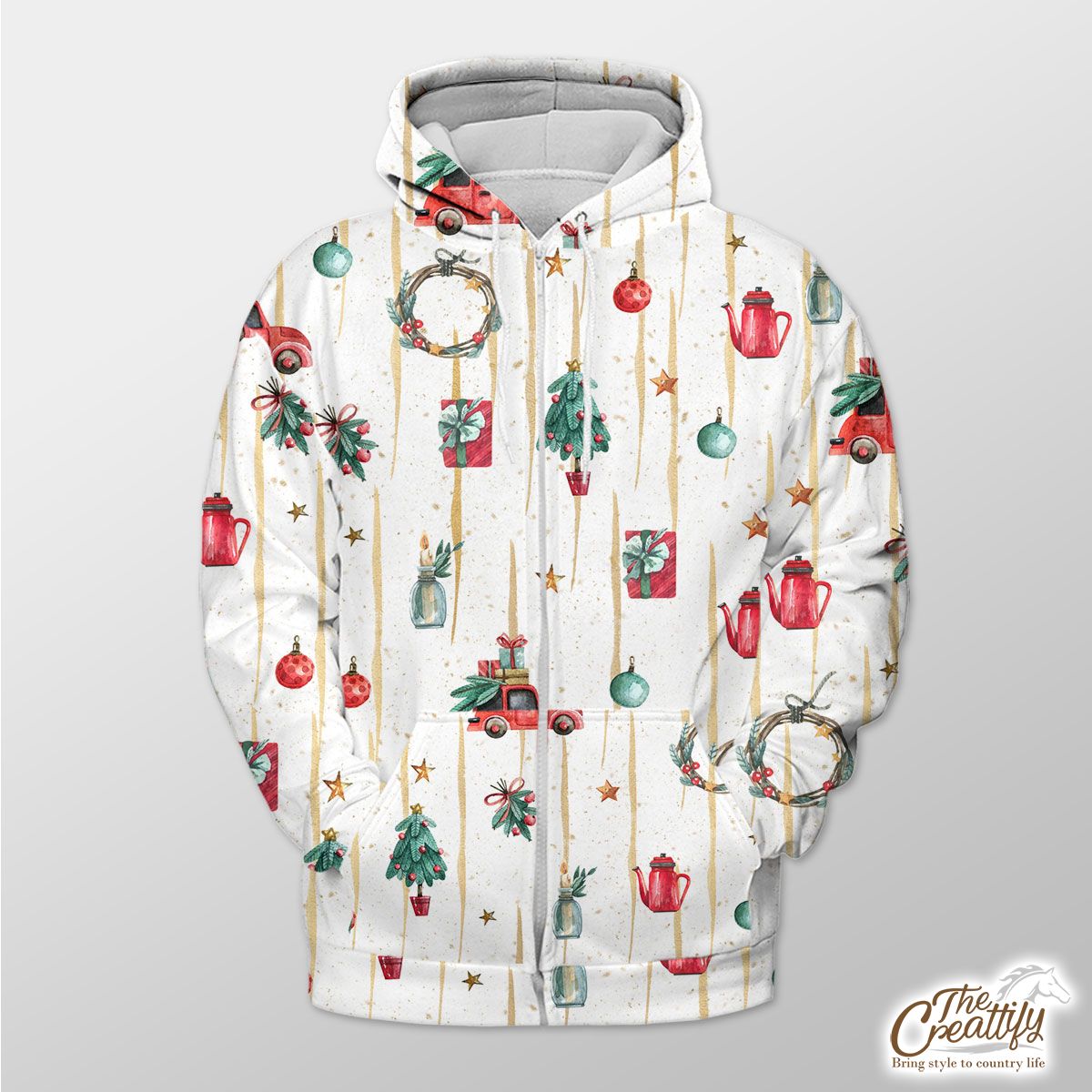 Watercolor Christmas Car With Christmas Gifts, Balls, Wreath And Star Pattern Zip Hoodie