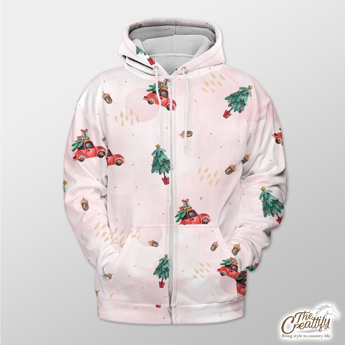 Watercolor Christmas Car With Gifts And Acorns Pink Pattern Zip Hoodie