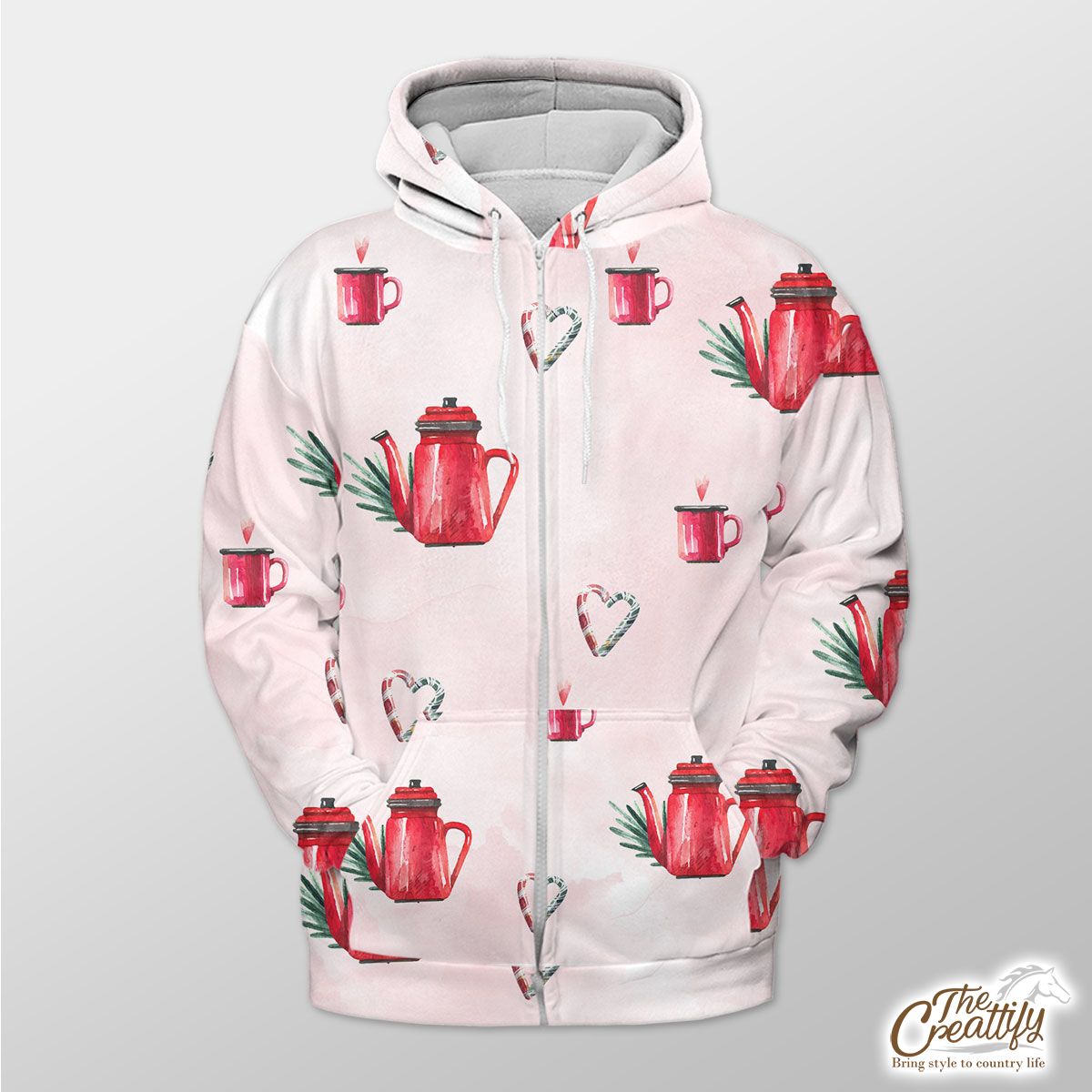 Watercolor Christmas Red Teapots Candy Canes Pattern Zip Hoodie