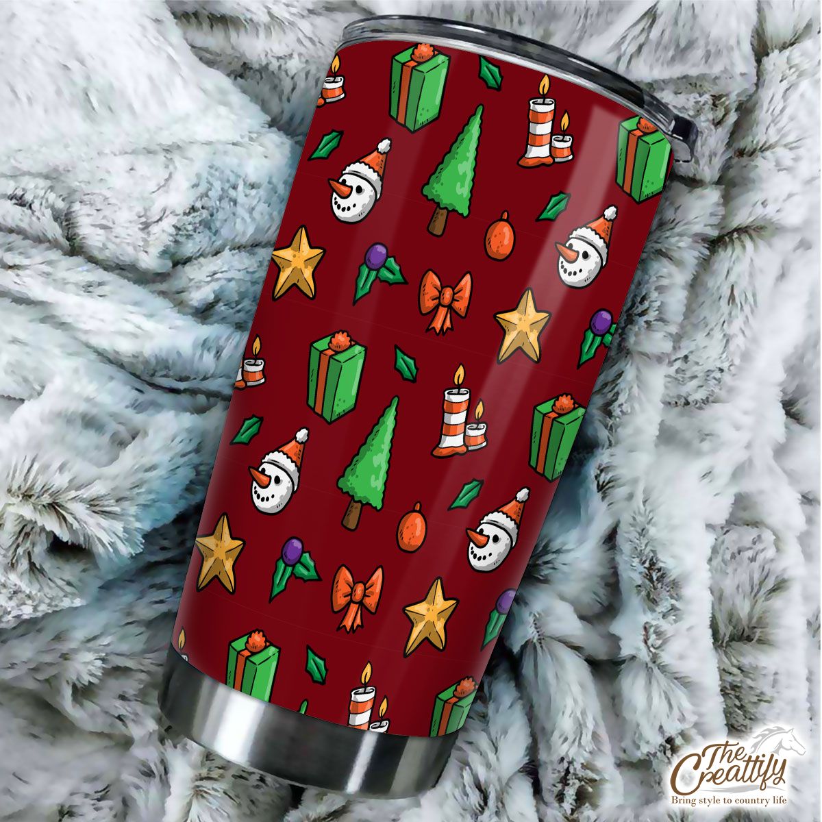 Christmas Gifts, Candles, Pine Tree And Snowman FaceWith Santa Hat Red Pattern Tumbler