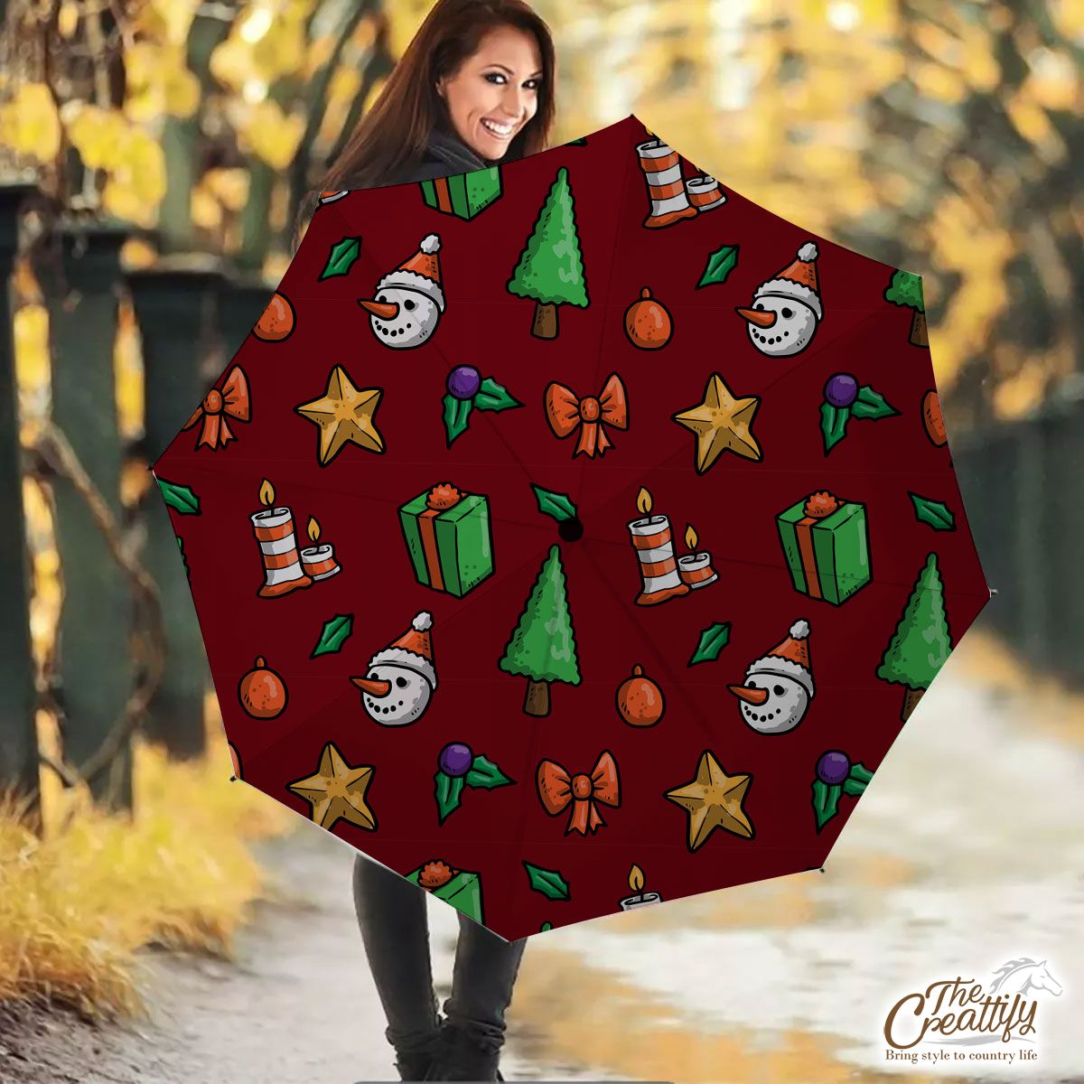 Christmas Gifts, Candles, Pine Tree And Snowman FaceWith Santa Hat Red Pattern Umbrella