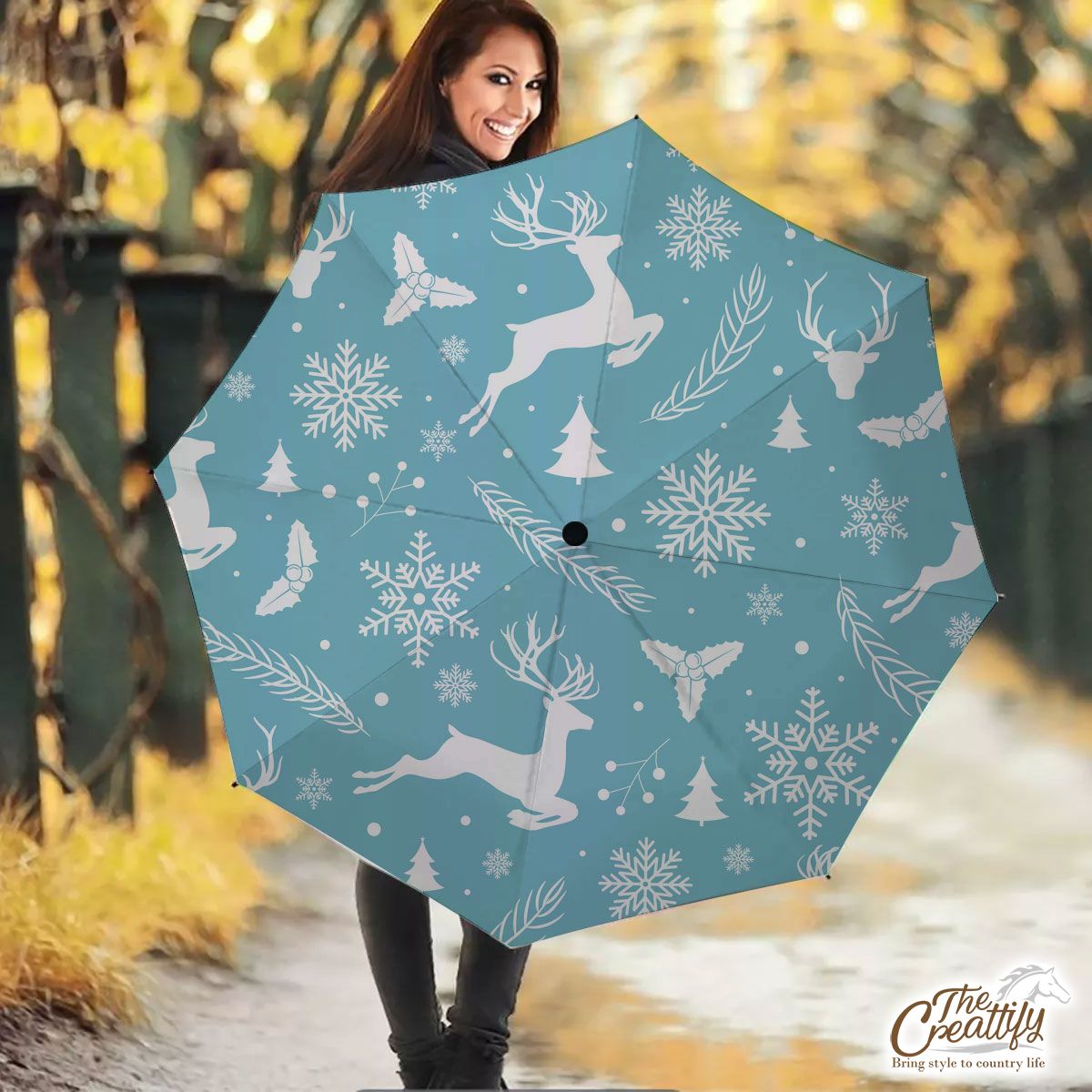 Christmas Reindeer On The Blue Snowflake Background Umbrella