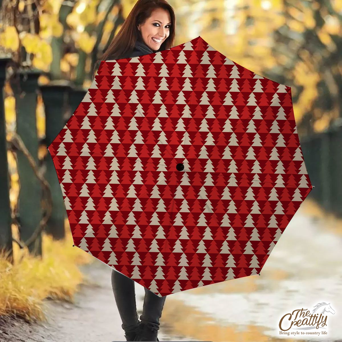 Red And White Pine Tree Silhouette Seamless Pattern Umbrella
