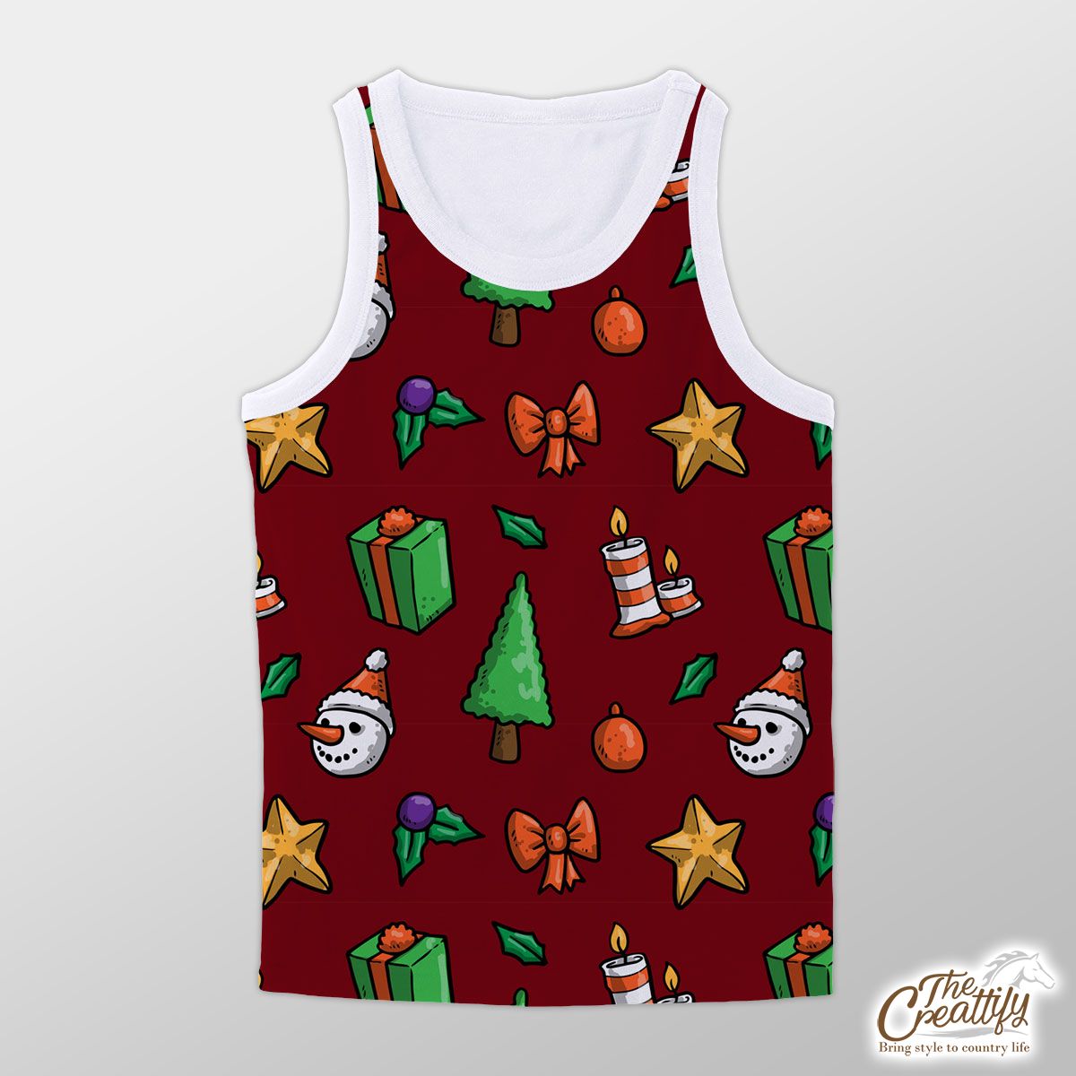 Christmas Gifts, Candles, Pine Tree And Snowman FaceWith Santa Hat Red Pattern Unisex Tank Top