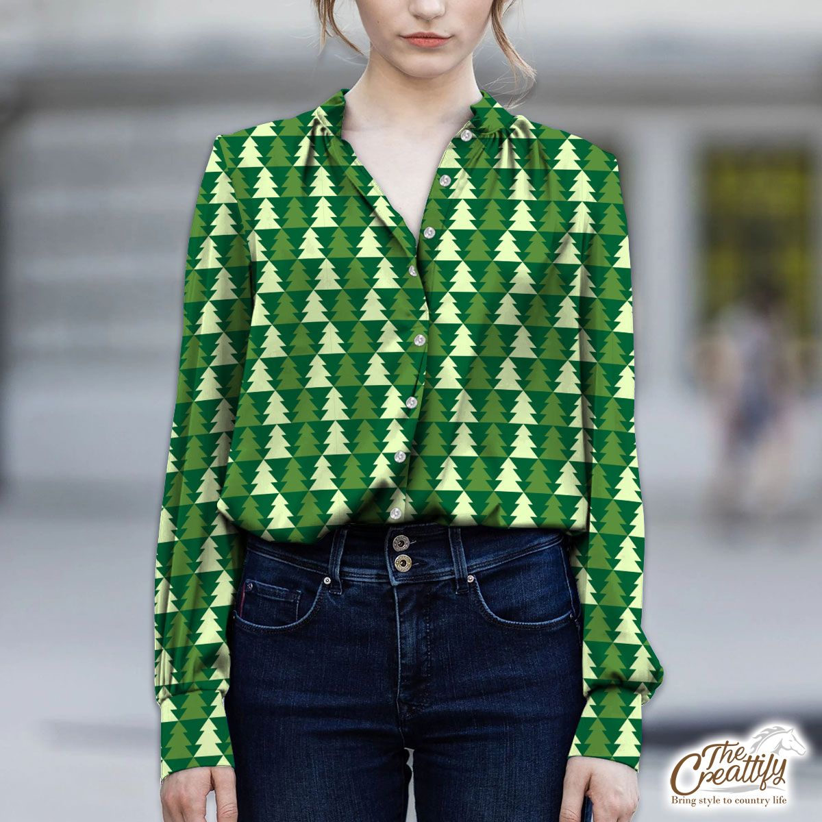 Green And White Pine Tree Silhouette Seamless Pattern V-Neckline Blouses