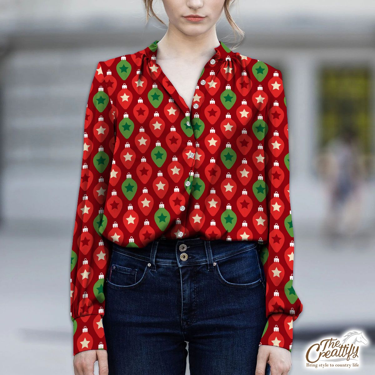 Red And Green Christmas Lights Seamless Pattern V-Neckline Blouses