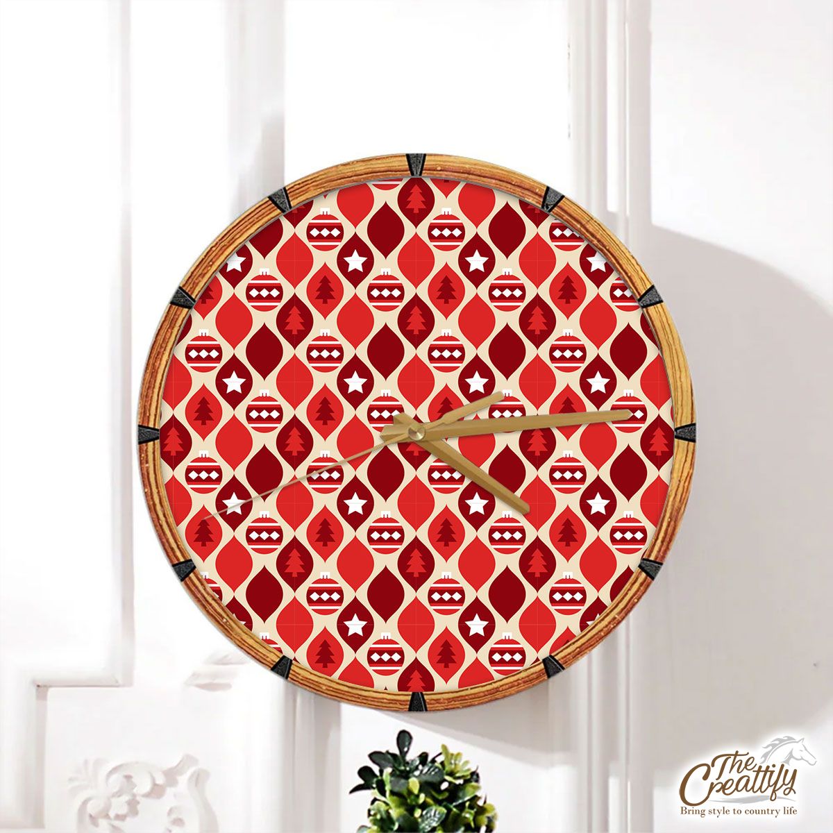 Christmas Balls With Pine Tree Silhouette Seamless Red Pattern Wall Clock
