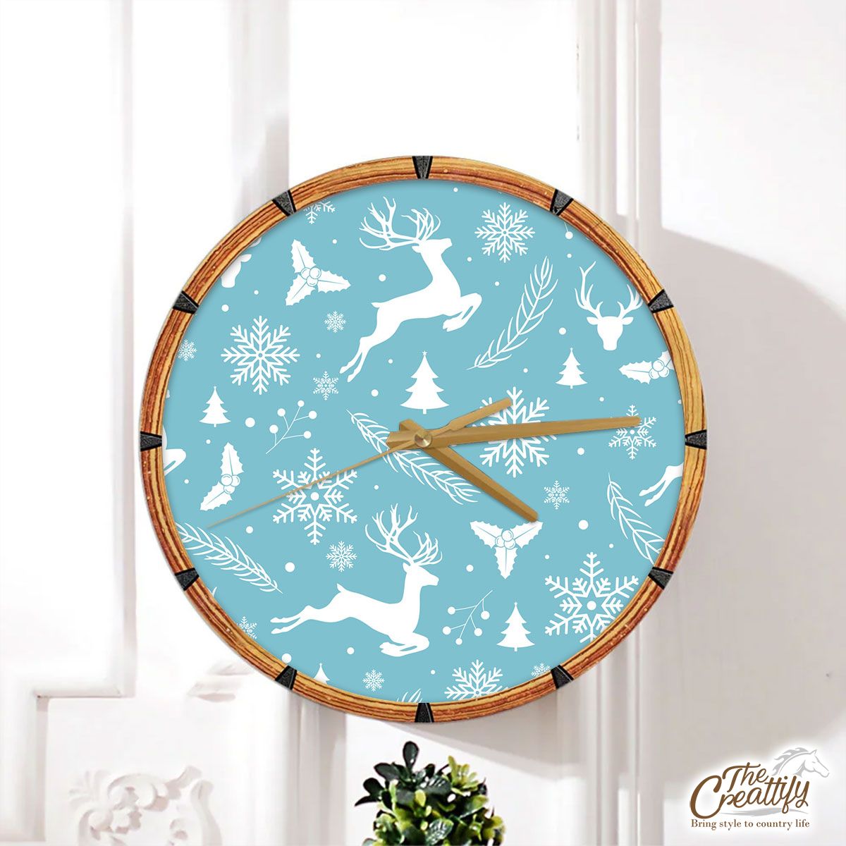 Christmas Reindeer On The Blue Snowflake Background Wall Clock