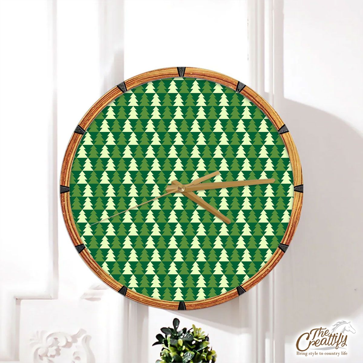Green And White Pine Tree Silhouette Seamless Pattern Wall Clock