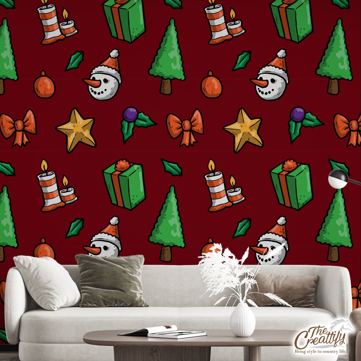 Christmas Gifts, Candles, Pine Tree And Snowman FaceWith Santa Hat Red Pattern Wall Mural