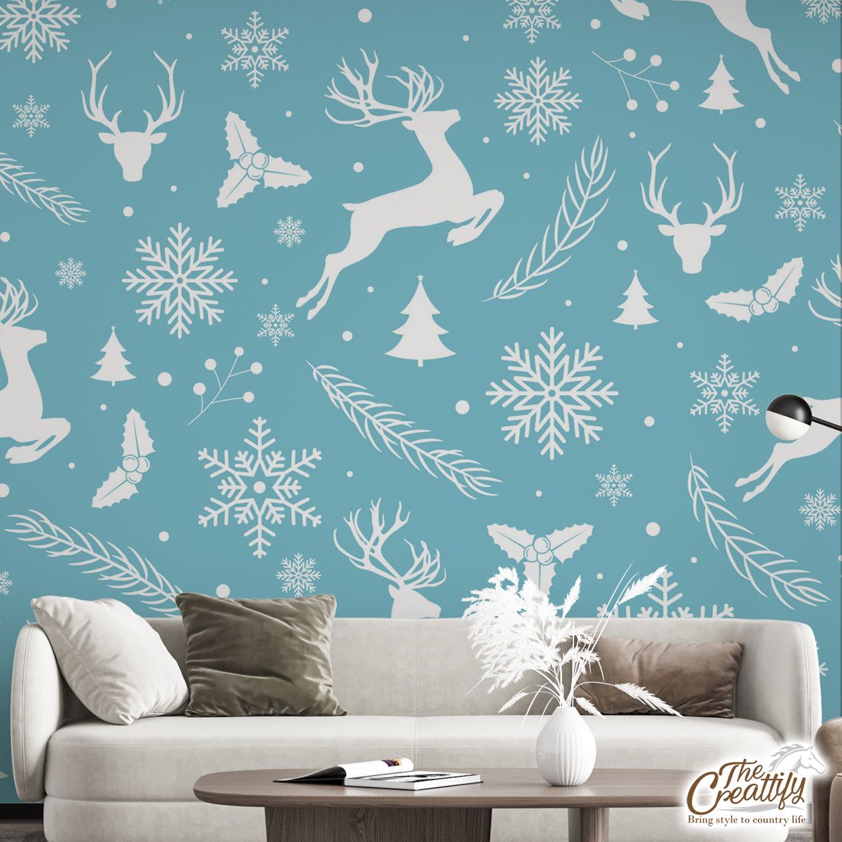 Christmas Reindeer On The Blue Snowflake Background Wall Mural