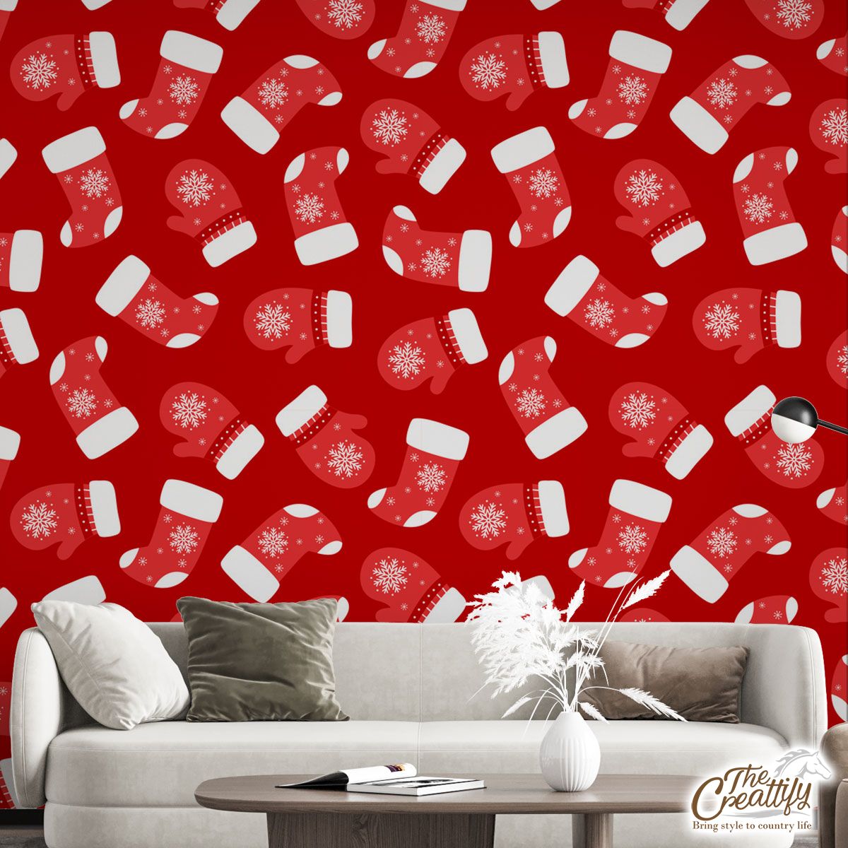 Christmas Socks, Santa Hat And Wool Gloves Filled In Red Snowflake Pattern Wall Mural