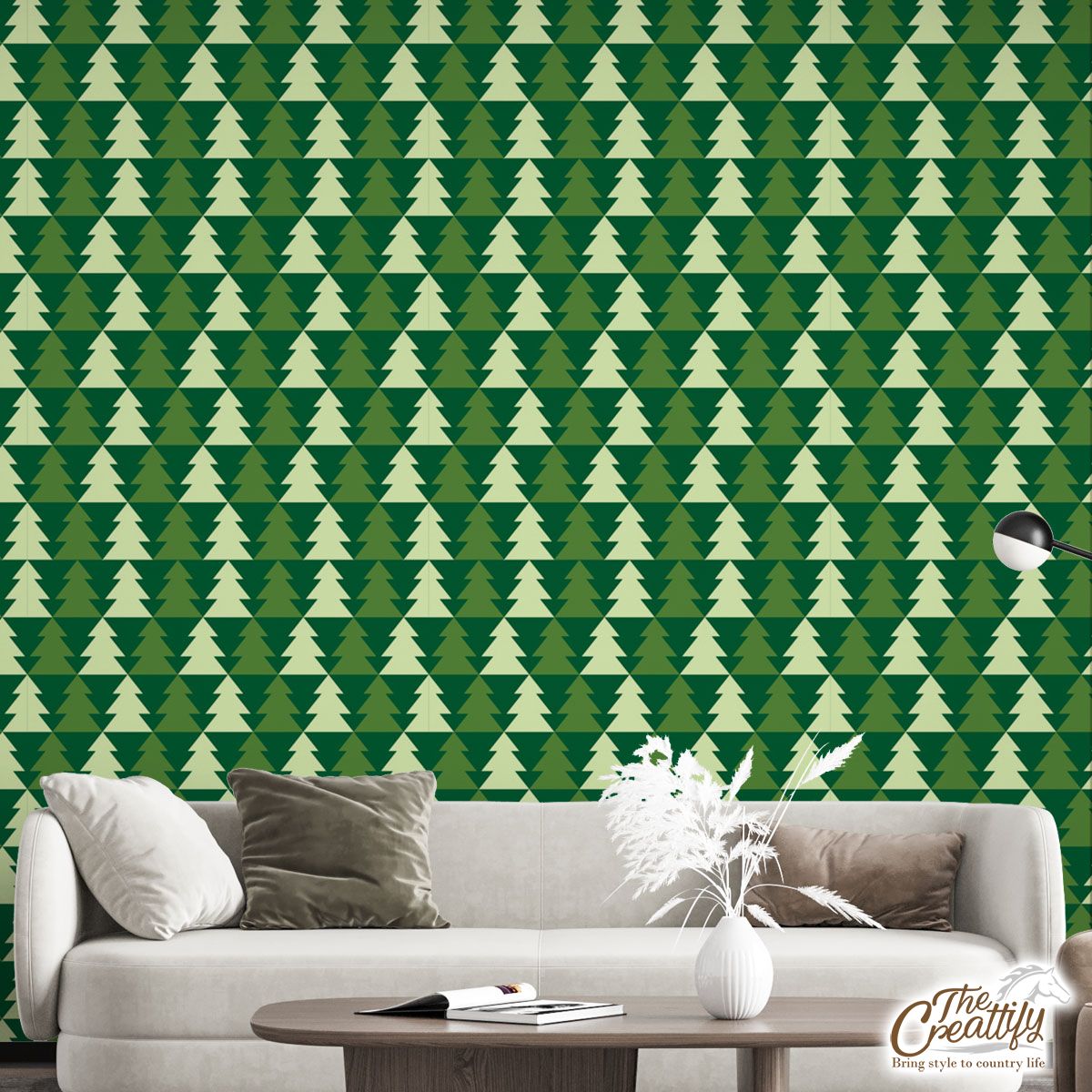 Green And White Pine Tree Silhouette Seamless Pattern Wall Mural
