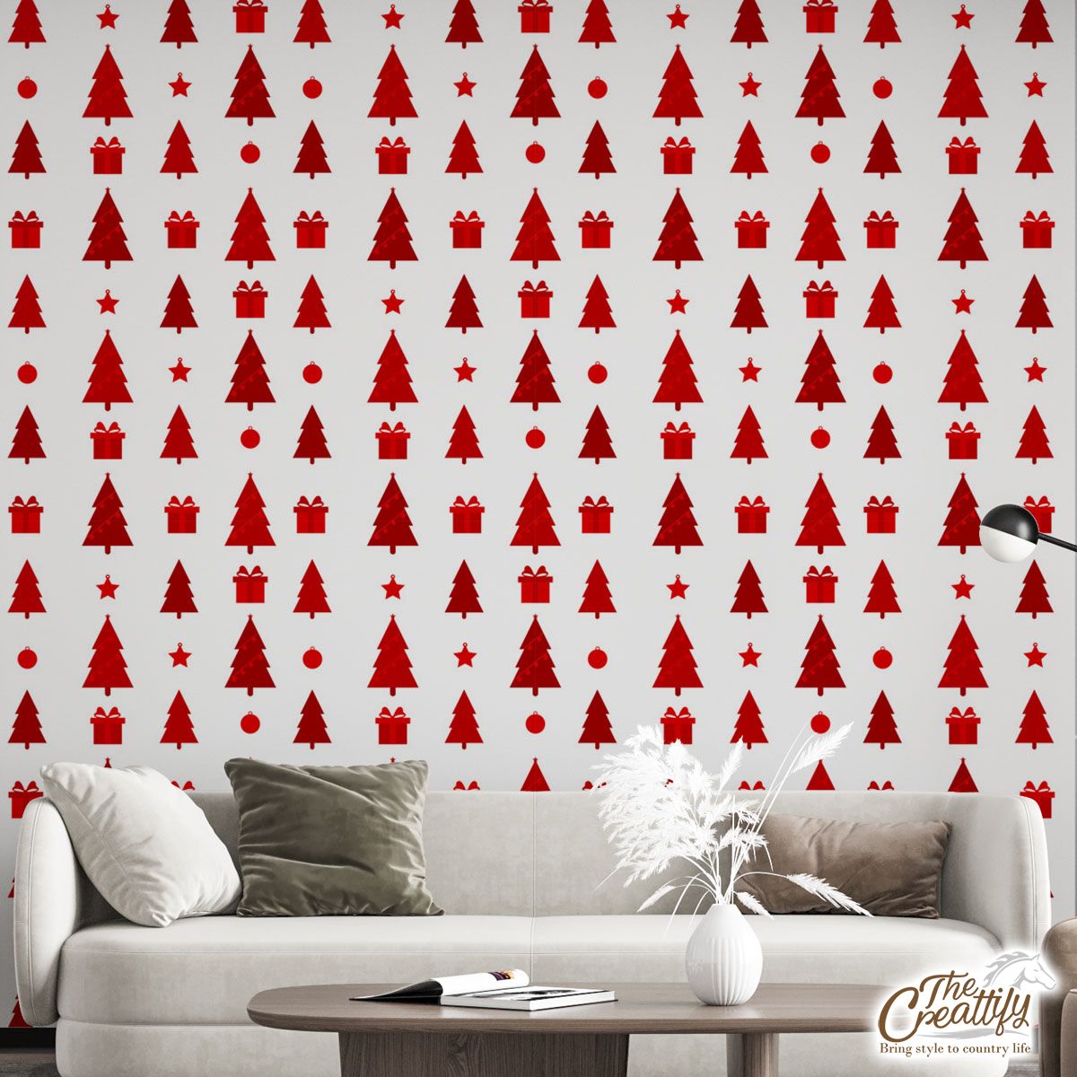 Pine Tree Silhouette And Christmas Gifts Seamless Pattern Wall Mural
