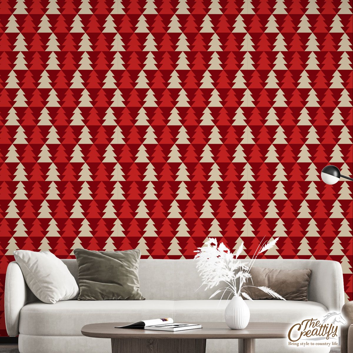 Red And White Pine Tree Silhouette Seamless Pattern Wall Mural