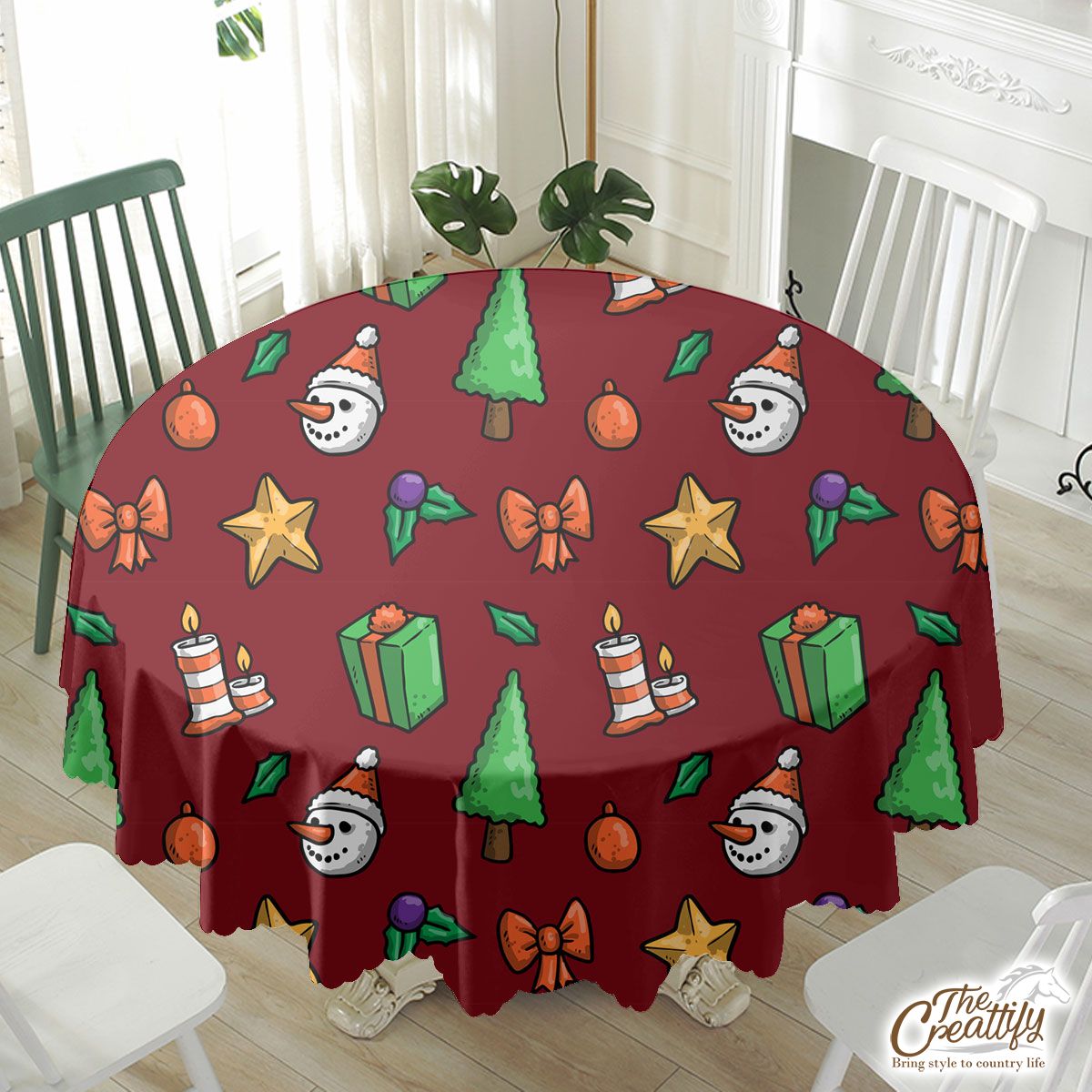Christmas Gifts, Candles, Pine Tree And Snowman FaceWith Santa Hat Red Pattern Waterproof Tablecloth