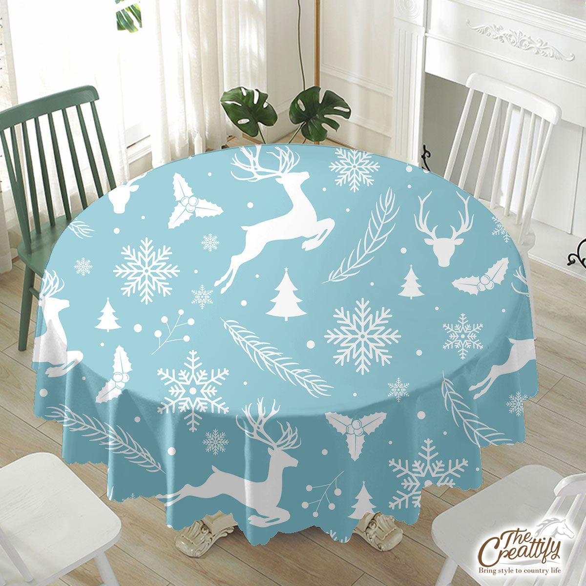 Christmas Reindeer On The Blue Snowflake Background Waterproof Tablecloth