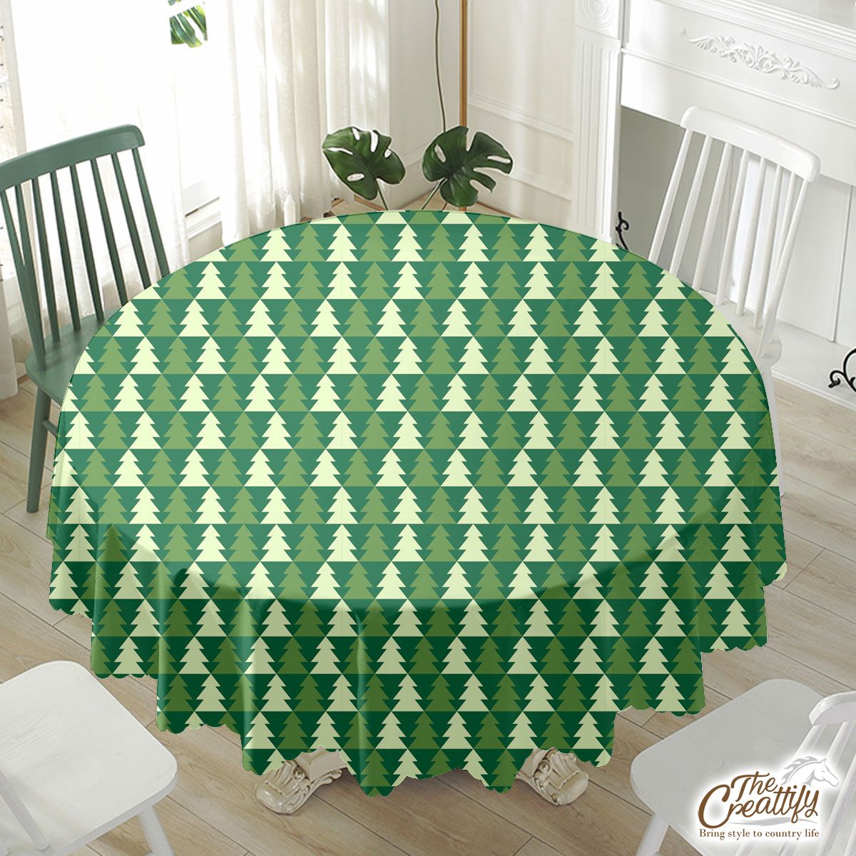 Green And White Pine Tree Silhouette Seamless Pattern Waterproof Tablecloth