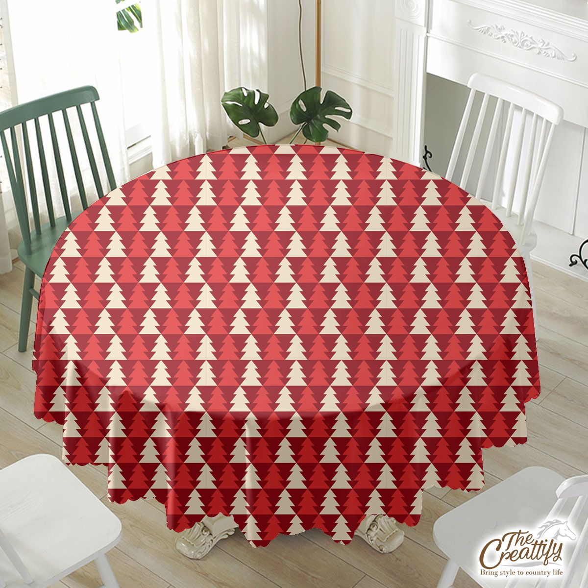 Red And White Pine Tree Silhouette Seamless Pattern Waterproof Tablecloth