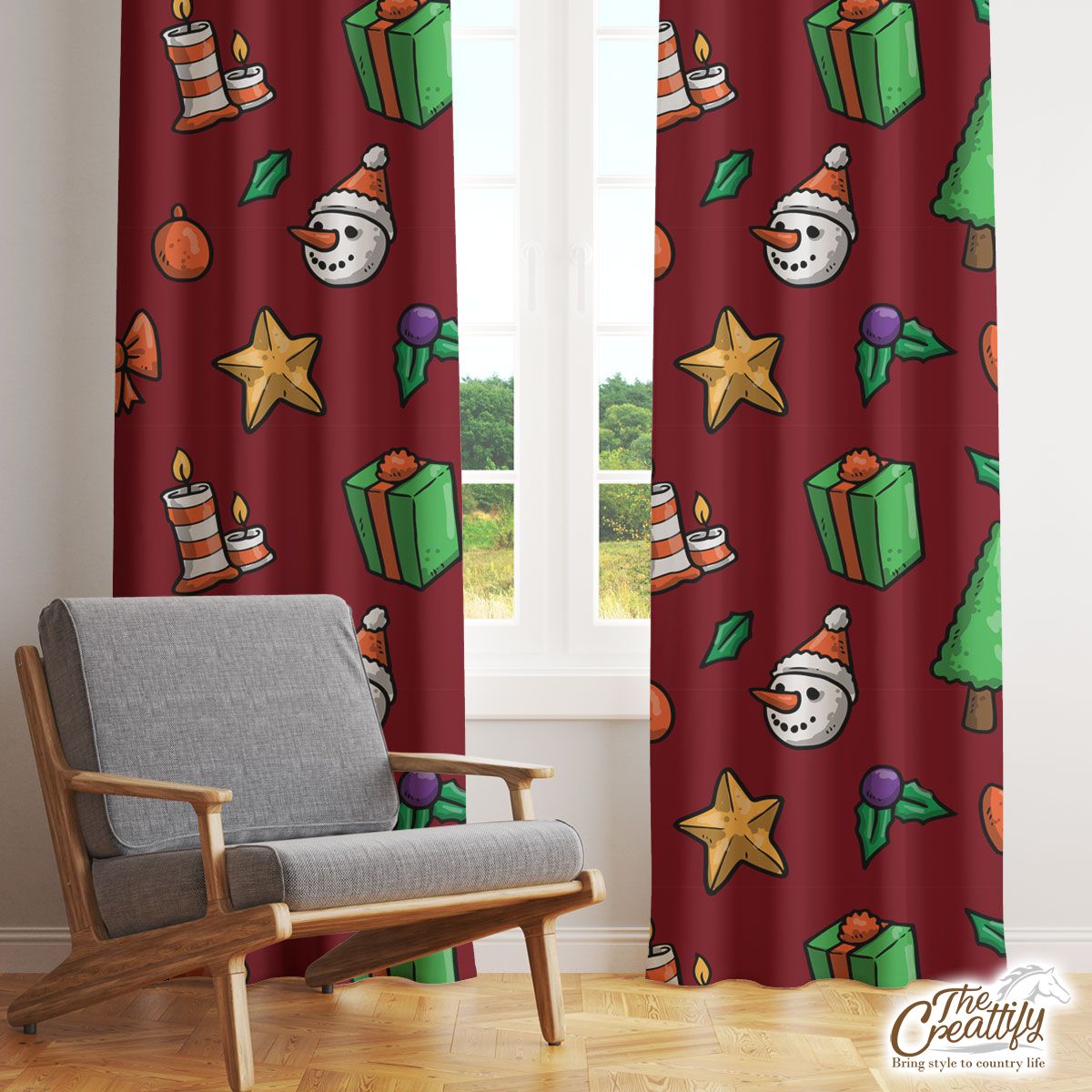 Christmas Gifts, Candles, Pine Tree And Snowman FaceWith Santa Hat Red Pattern Window Curtain