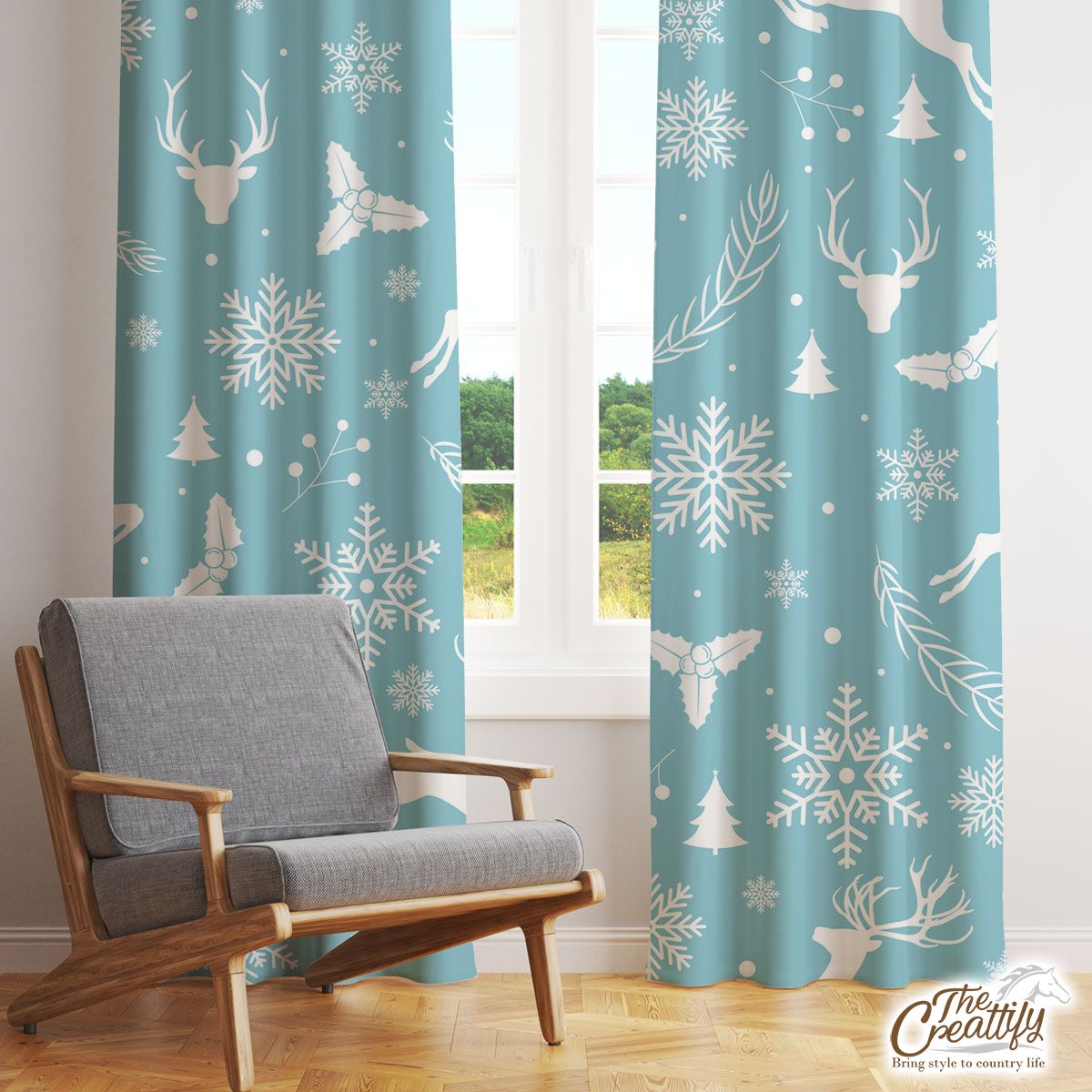 Christmas Reindeer On The Blue Snowflake Background Window Curtain