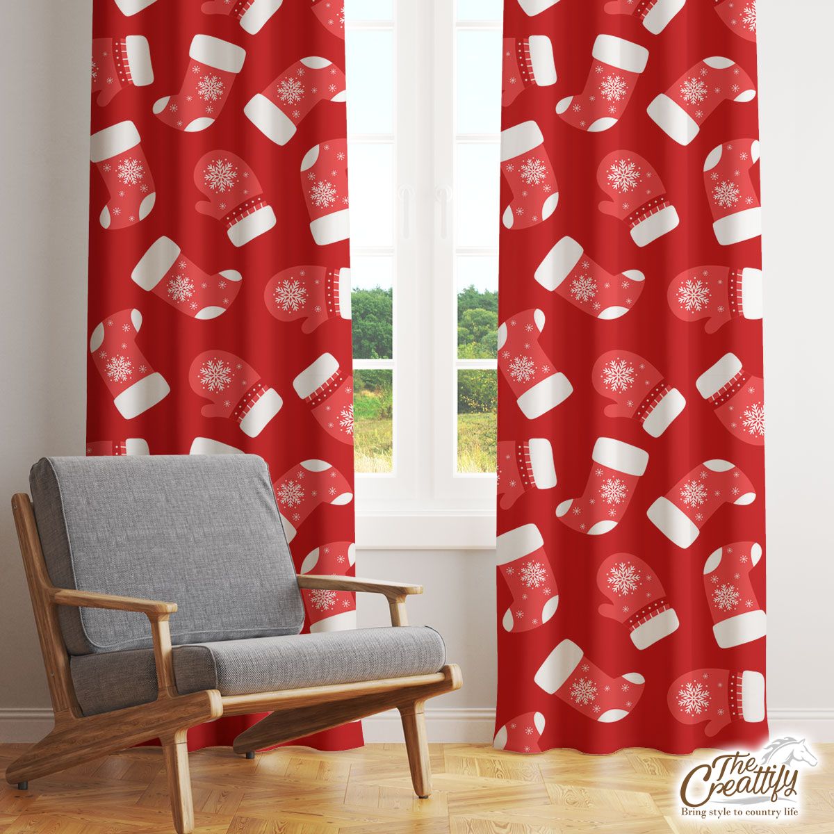 Christmas Socks, Santa Hat And Wool Gloves Filled In Red Snowflake Pattern Window Curtain