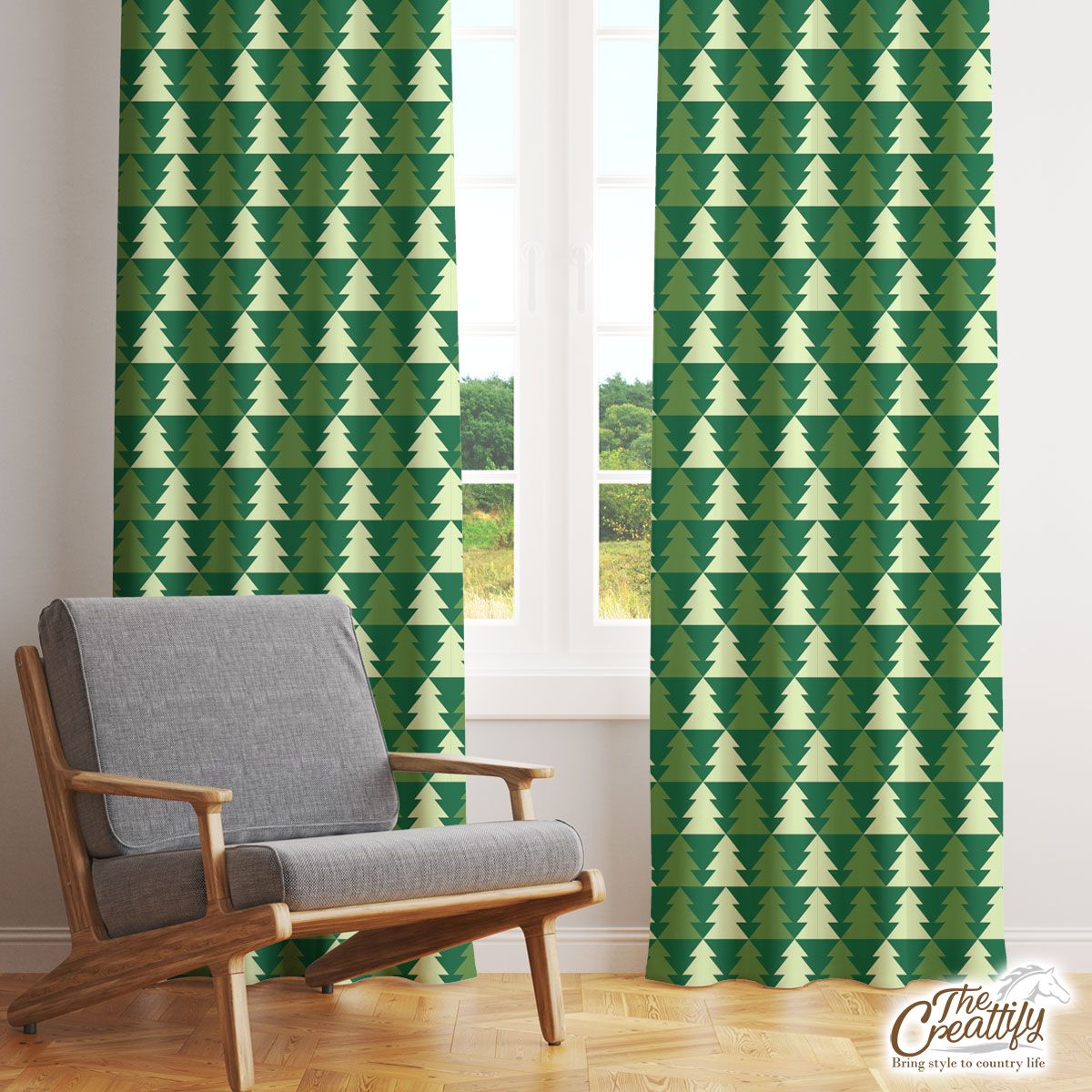 Green And White Pine Tree Silhouette Seamless Pattern Window Curtain