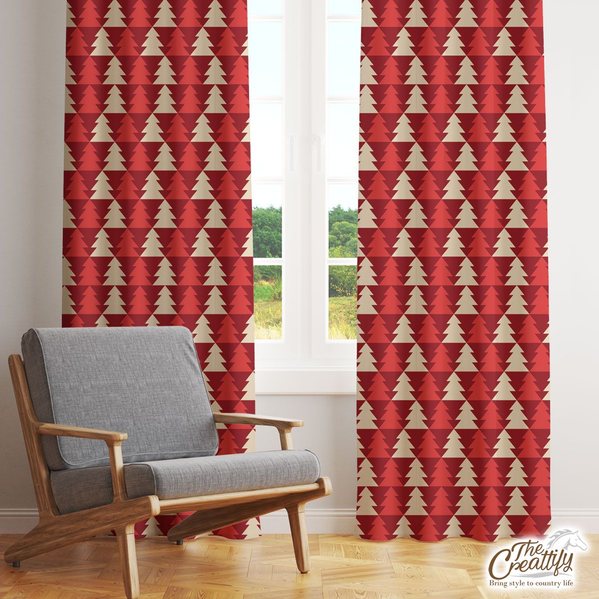 Red And White Pine Tree Silhouette Seamless Pattern Window Curtain