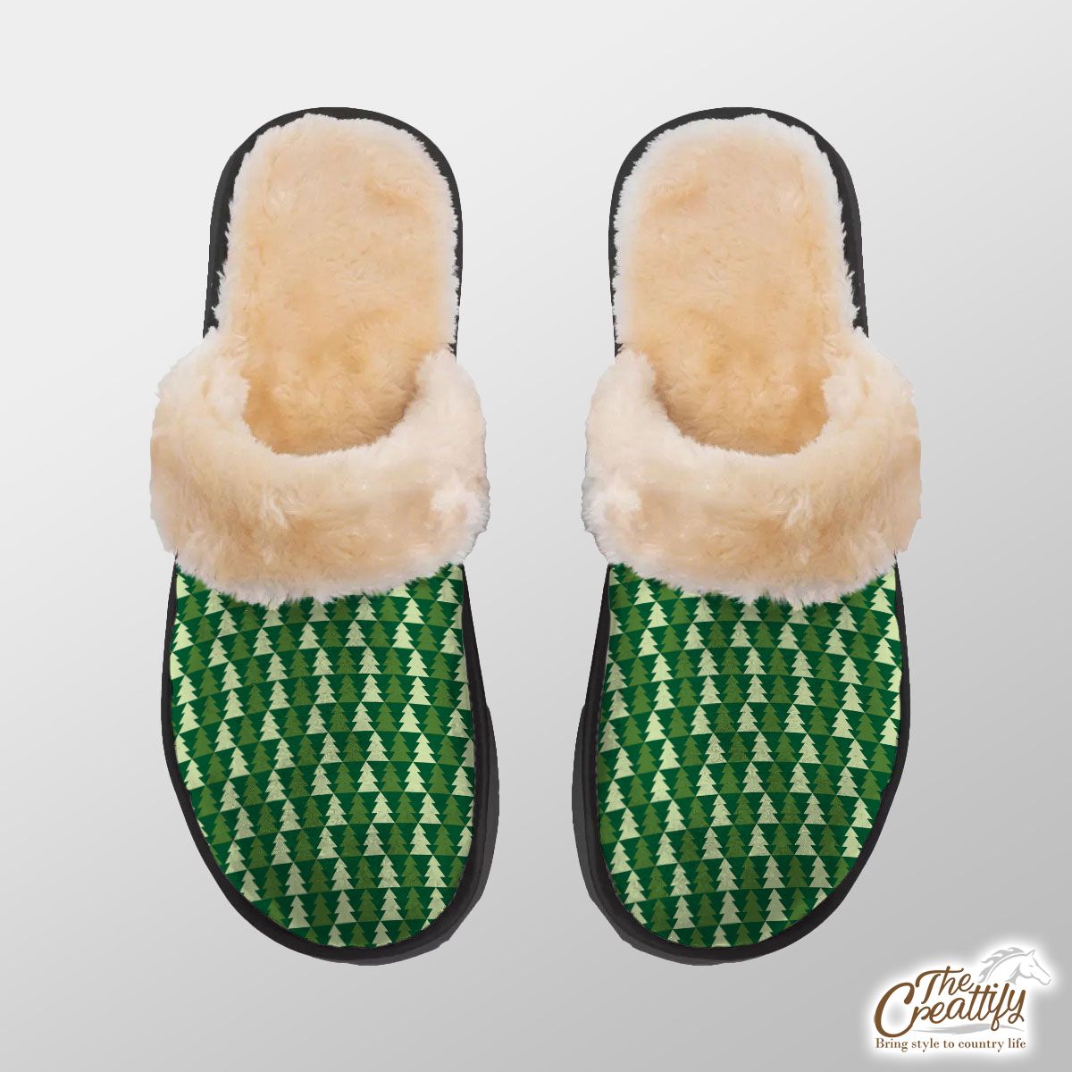 Green And White Pine Tree Silhouette Seamless Pattern Home Plush Slippers