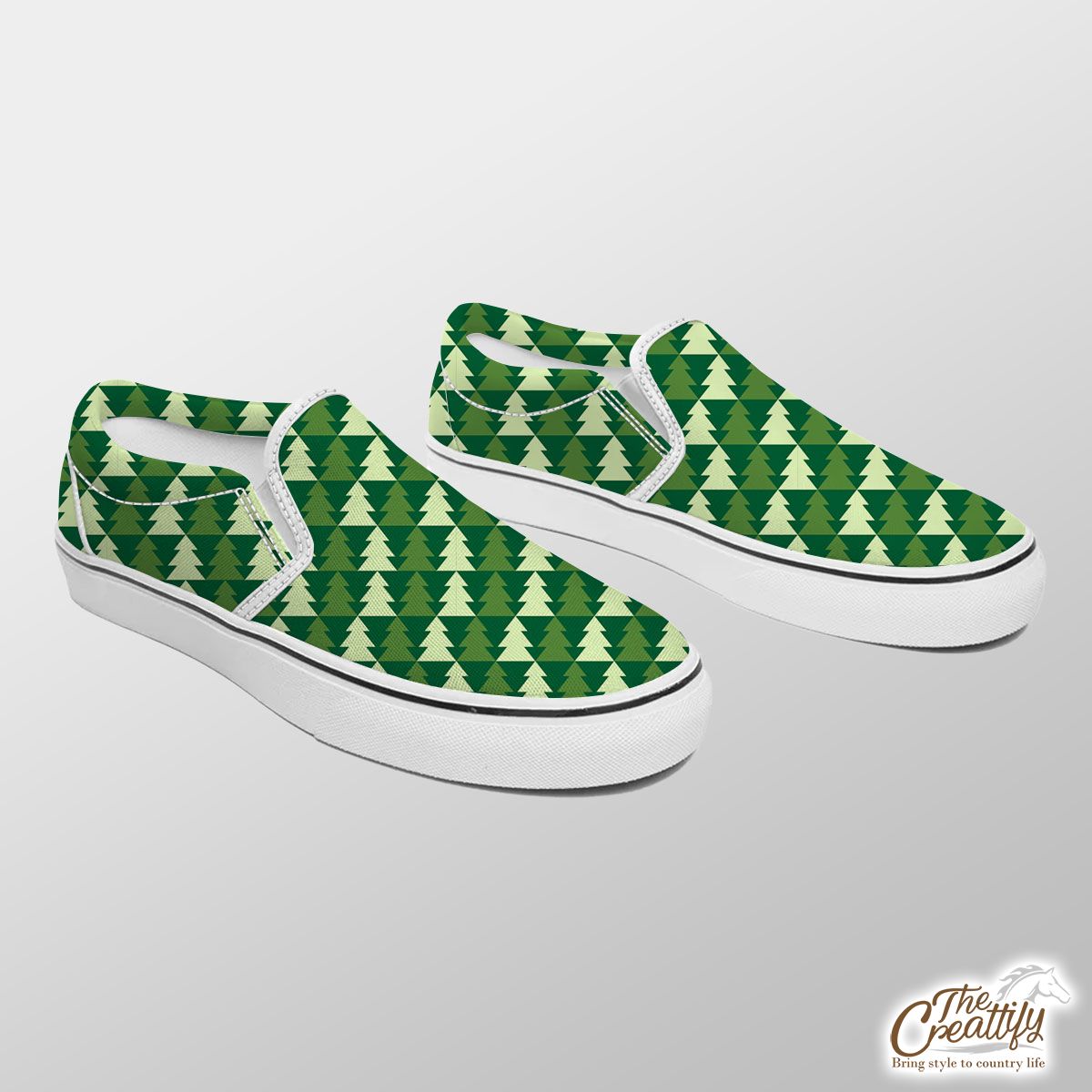 Green And White Pine Tree Silhouette Seamless Pattern Slip On Sneakers