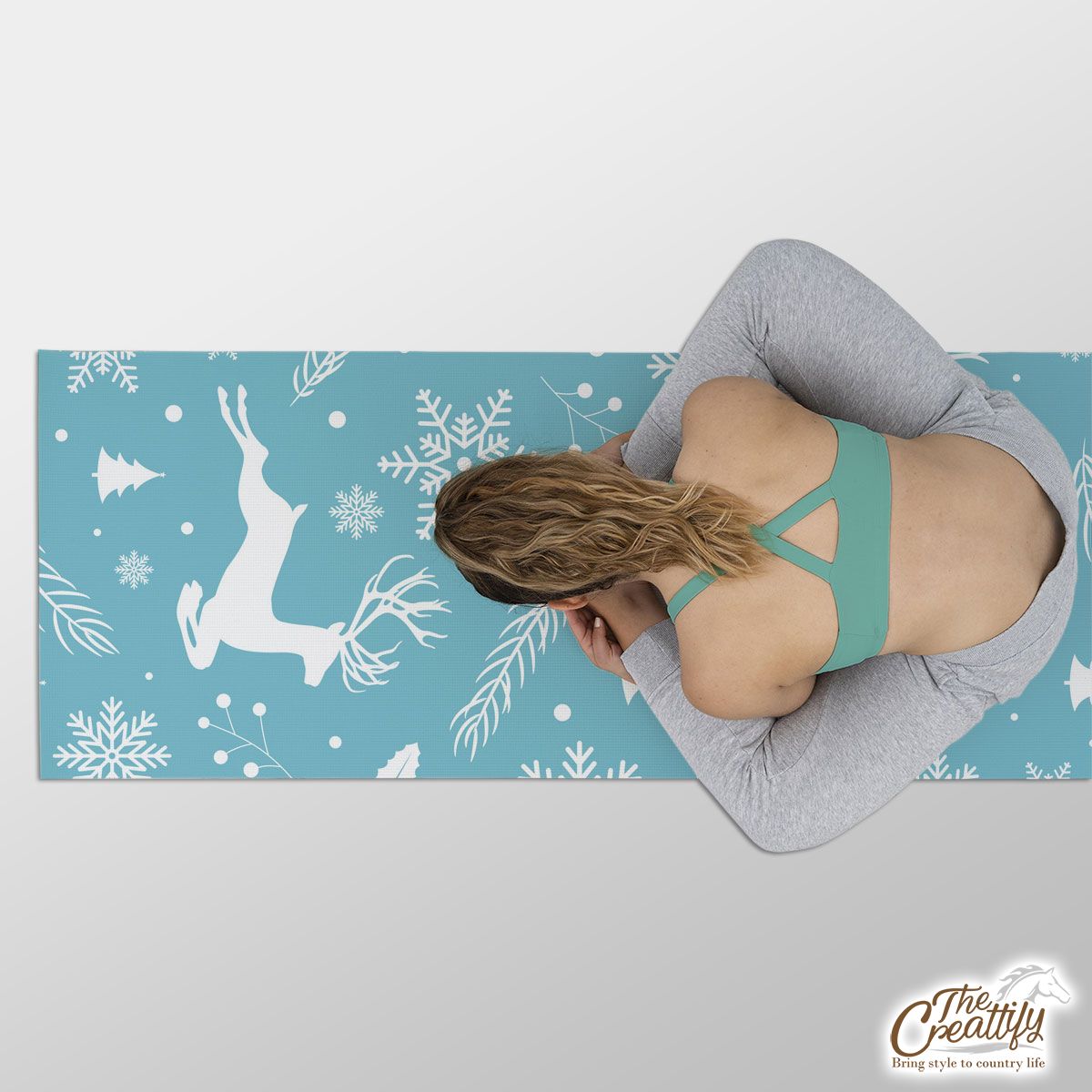 Christmas Reindeer On The Blue Snowflake Background Yoga Mat